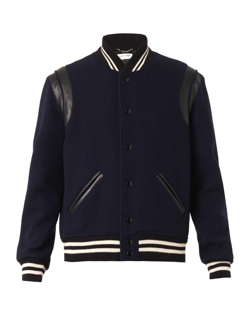 Lyst - Saint Laurent Wool-twill and Leather Varsity Jacket in Blue for Men