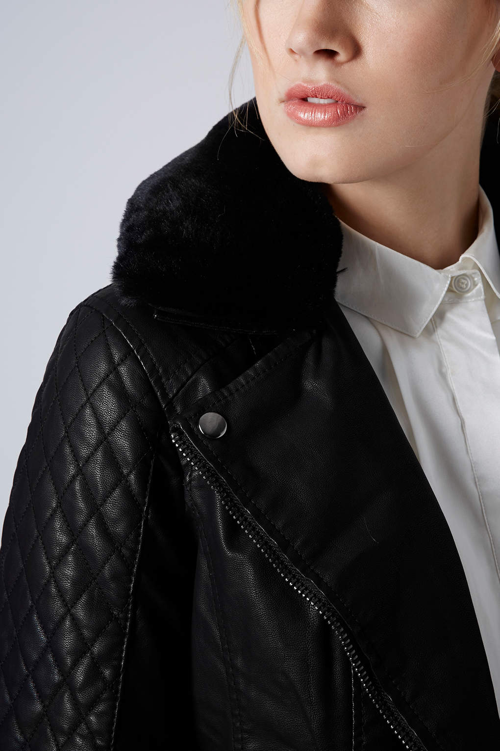 Topshop Fur Collar Biker Jacket in Black | Lyst