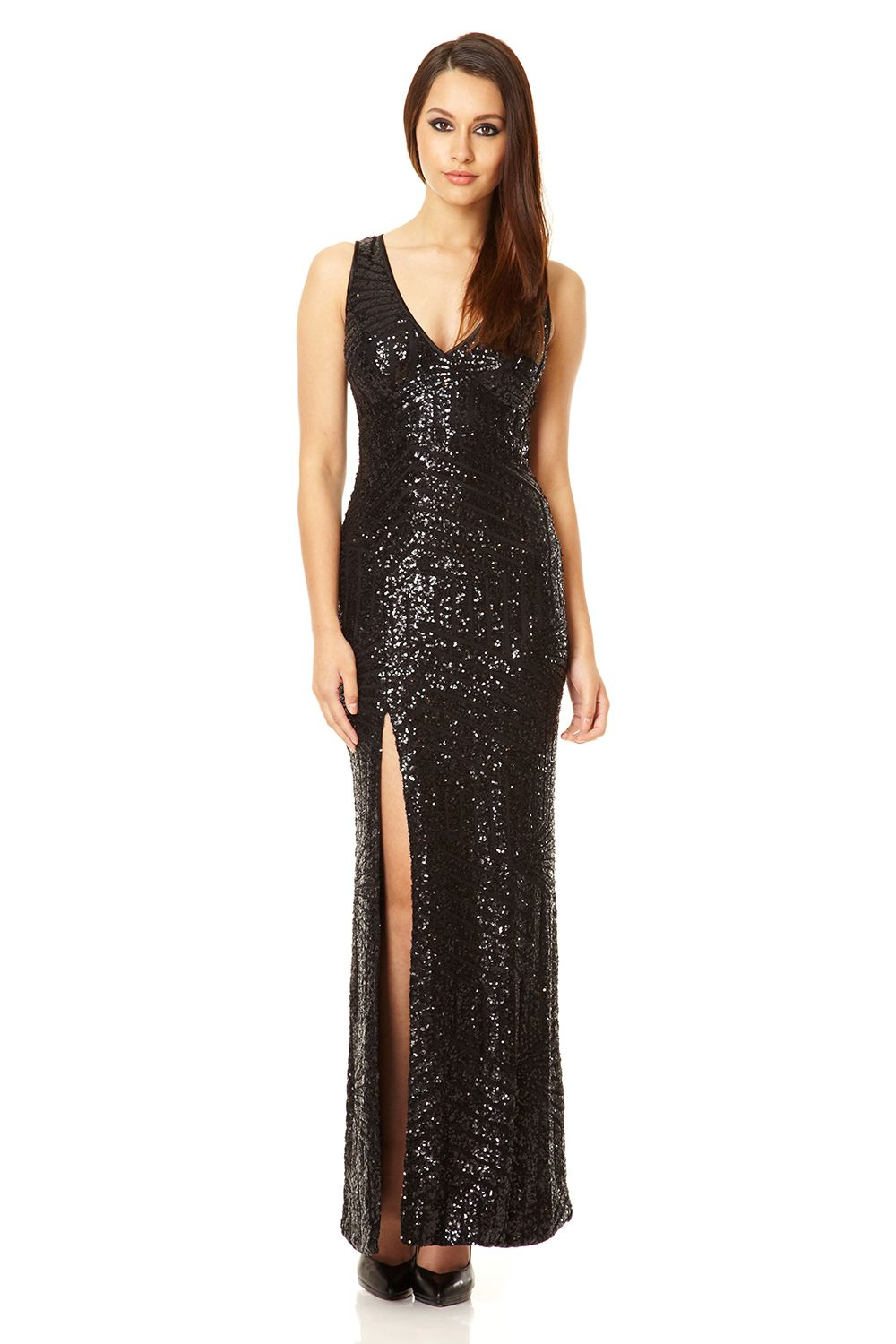 Quiz Black Sequin Zig Zag Maxi Dress in Black | Lyst