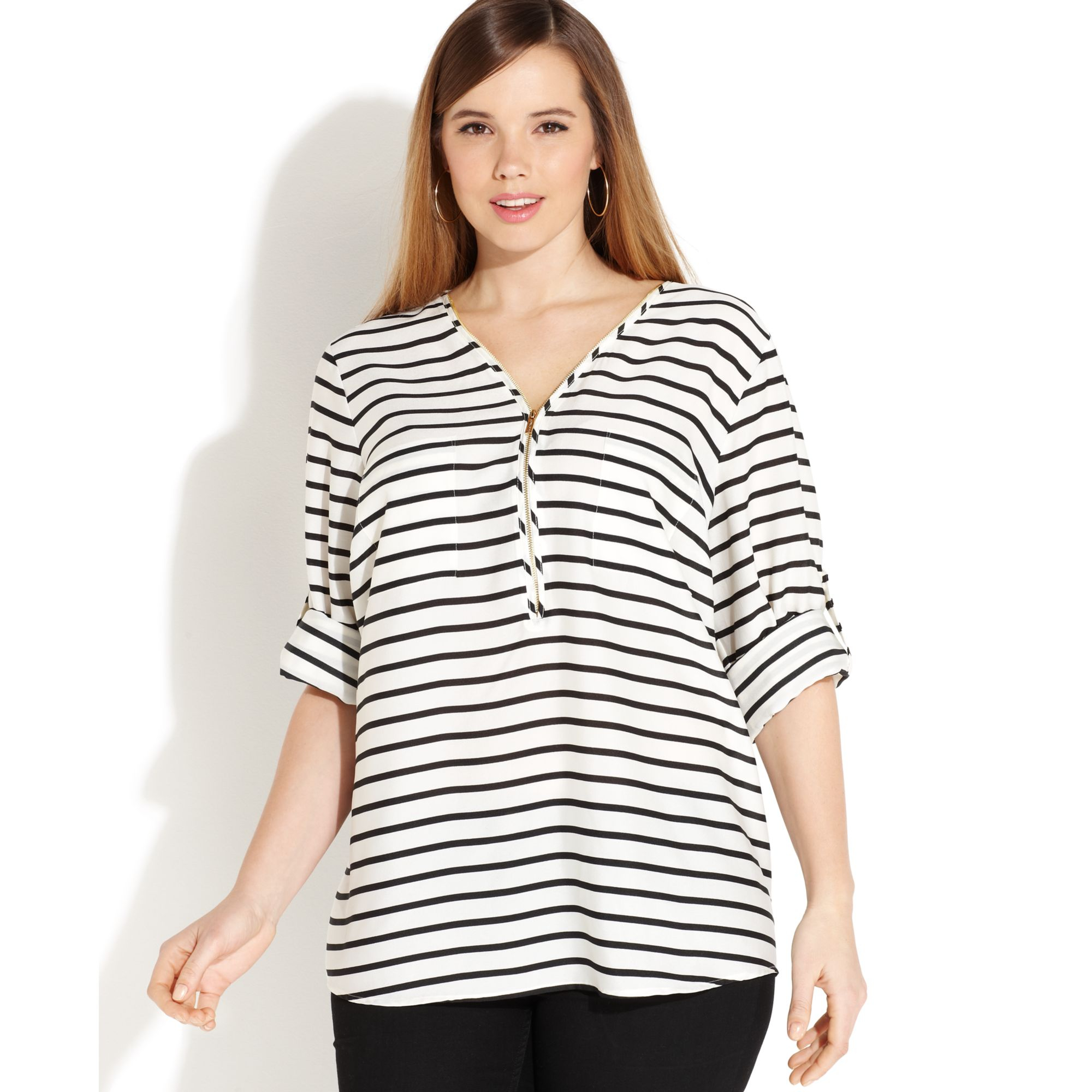 Calvin Klein Plus Size Striped Zipper Neck Top in Black (White/Black ...