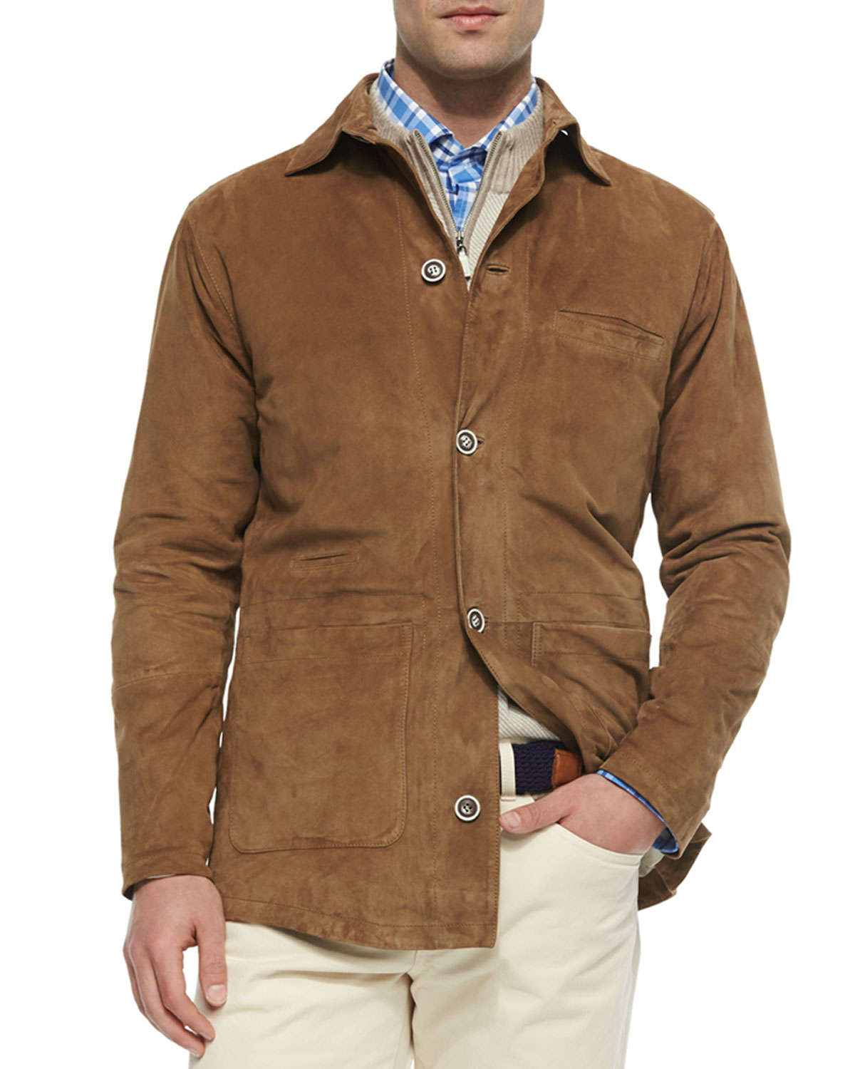 Peter millar Suede Button-front Shirt Jacket in Brown for Men | Lyst