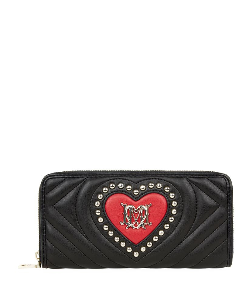 Love Moschino Studded Heart Zip-Around Wallet in Black | Lyst