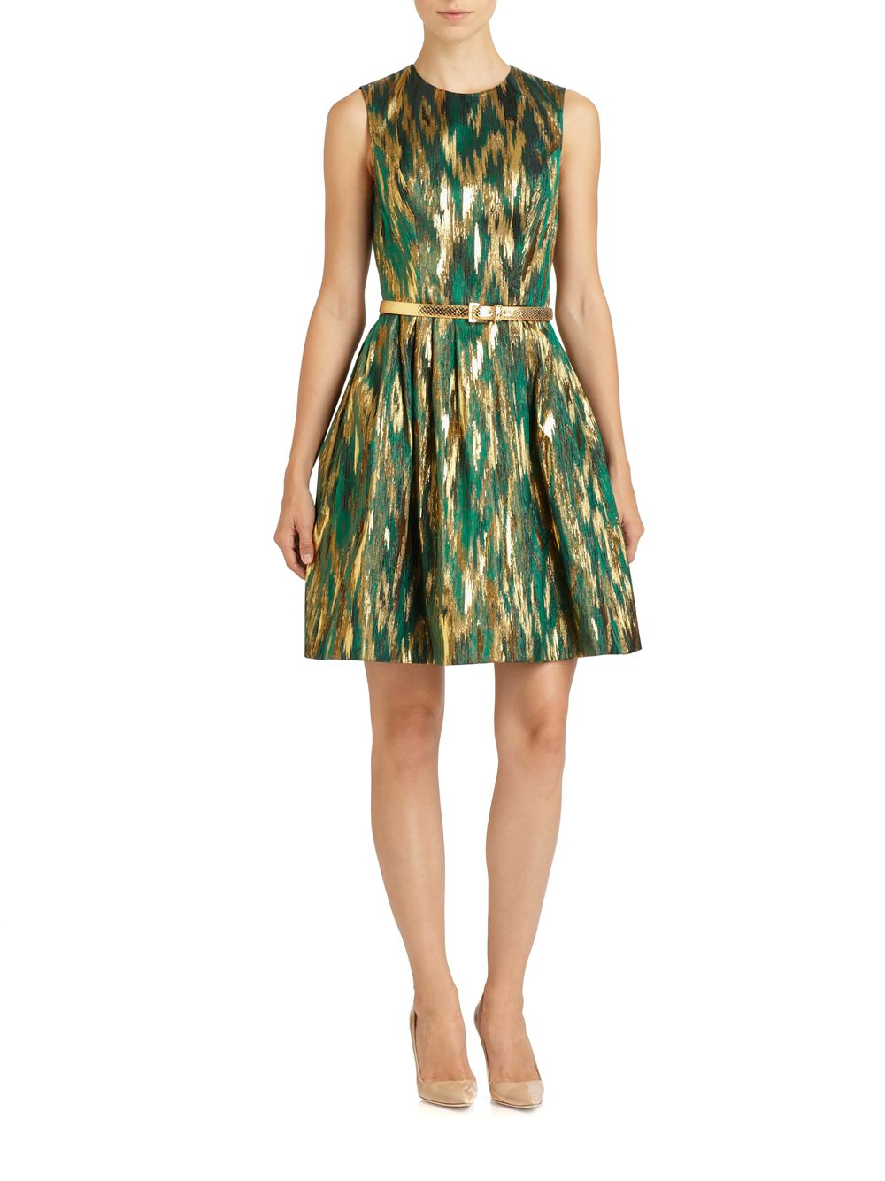 Lyst - Michael Kors Belted Jacquard Dress in Green