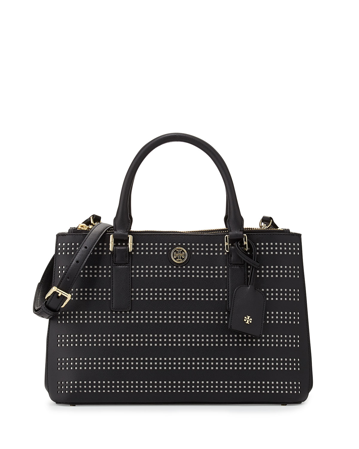 Tory burch Robinson Perforated Double-Zip Tote Bag in Black (BLACK