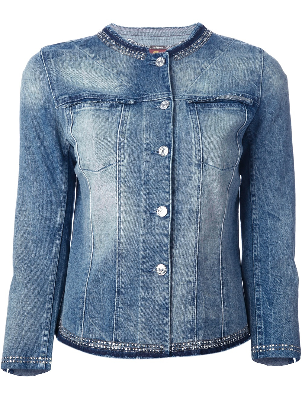 7 For All Mankind Studded Collarless Denim Jacket in Blue | Lyst