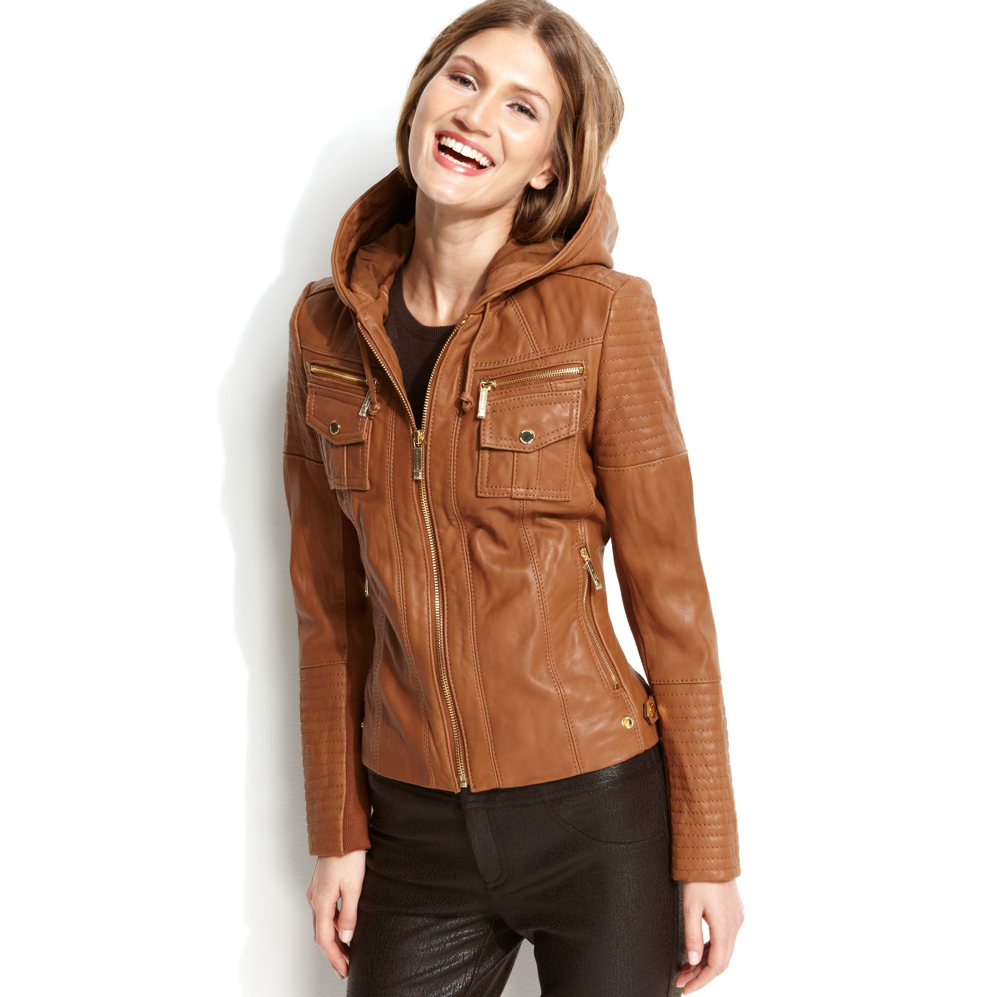 Michael kors Leather Hooded Quilted Jacket in Brown | Lyst