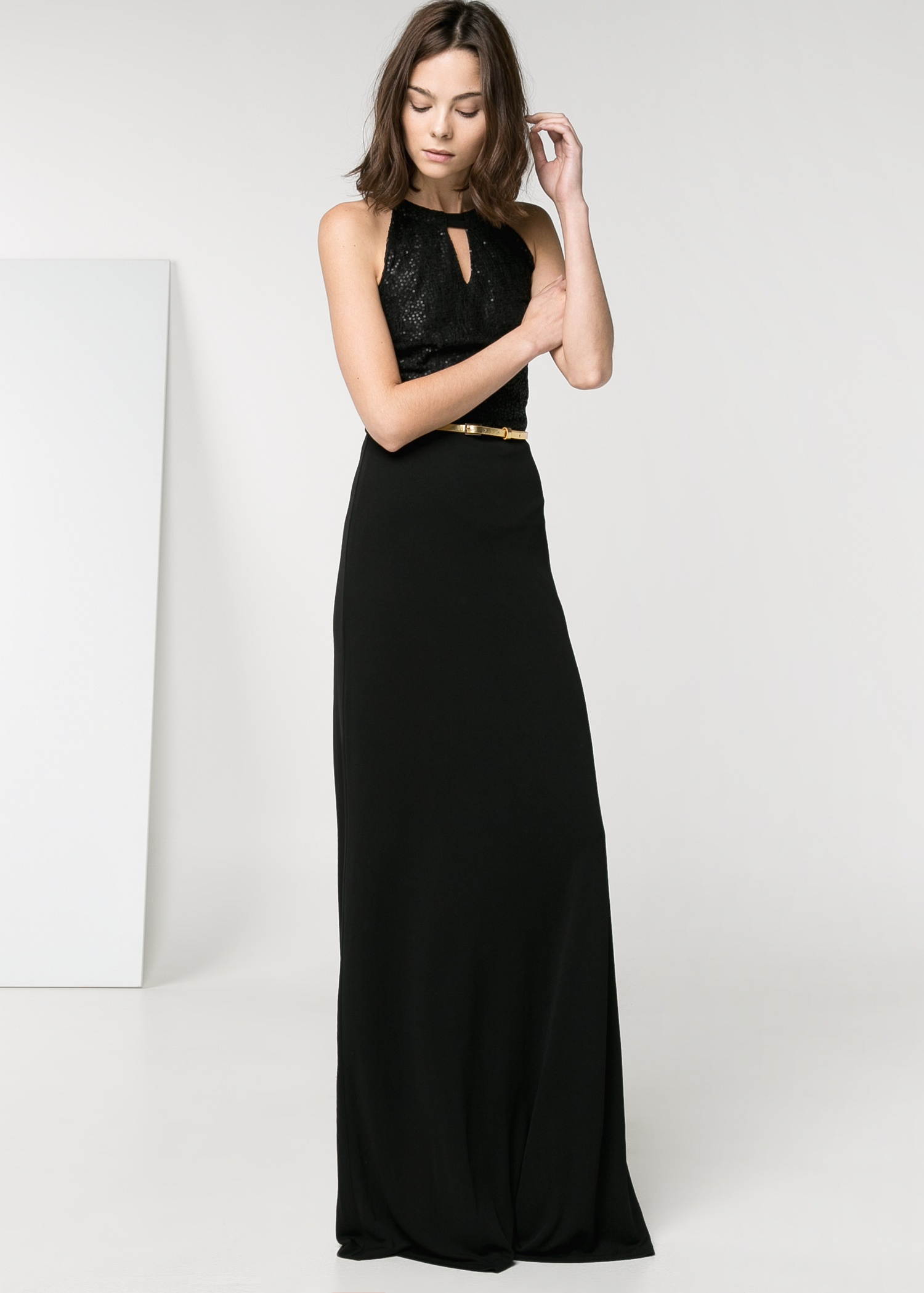 one shoulder black sequin gown