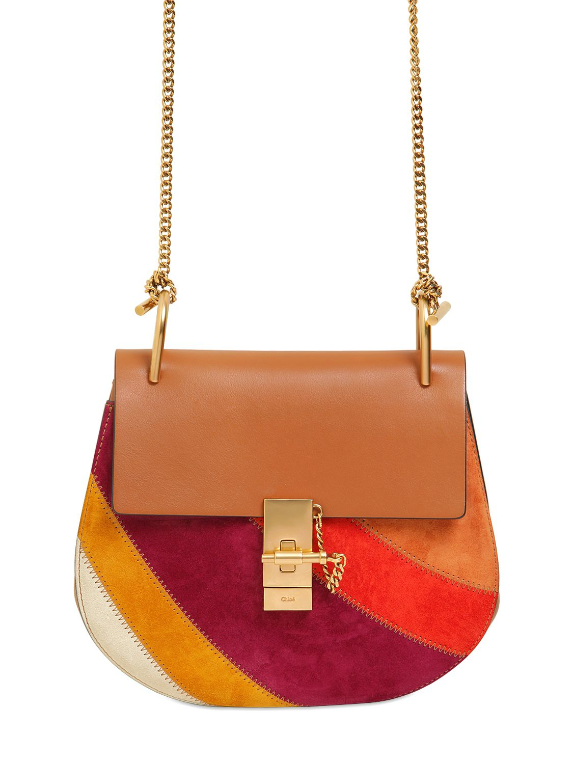 Chlo Small Drew Rainbow Patchwork Suede Bag in Red (BROWN) | Lyst