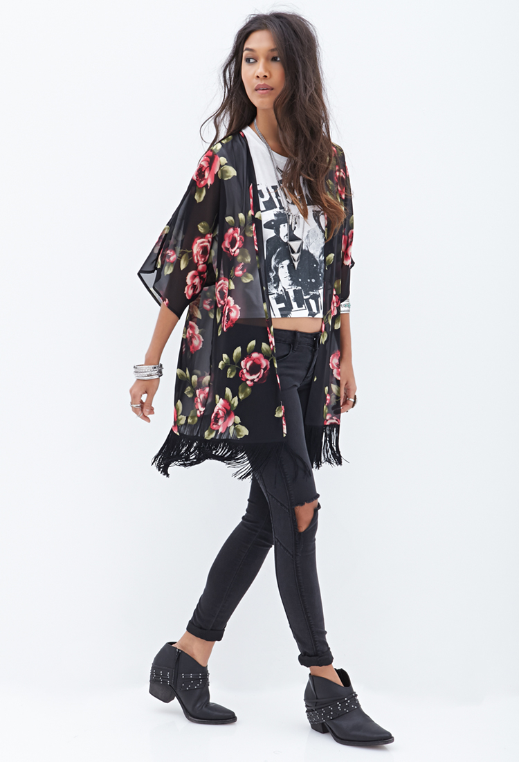 Lyst Forever 21 Rose & Fringe Kimono in Pink