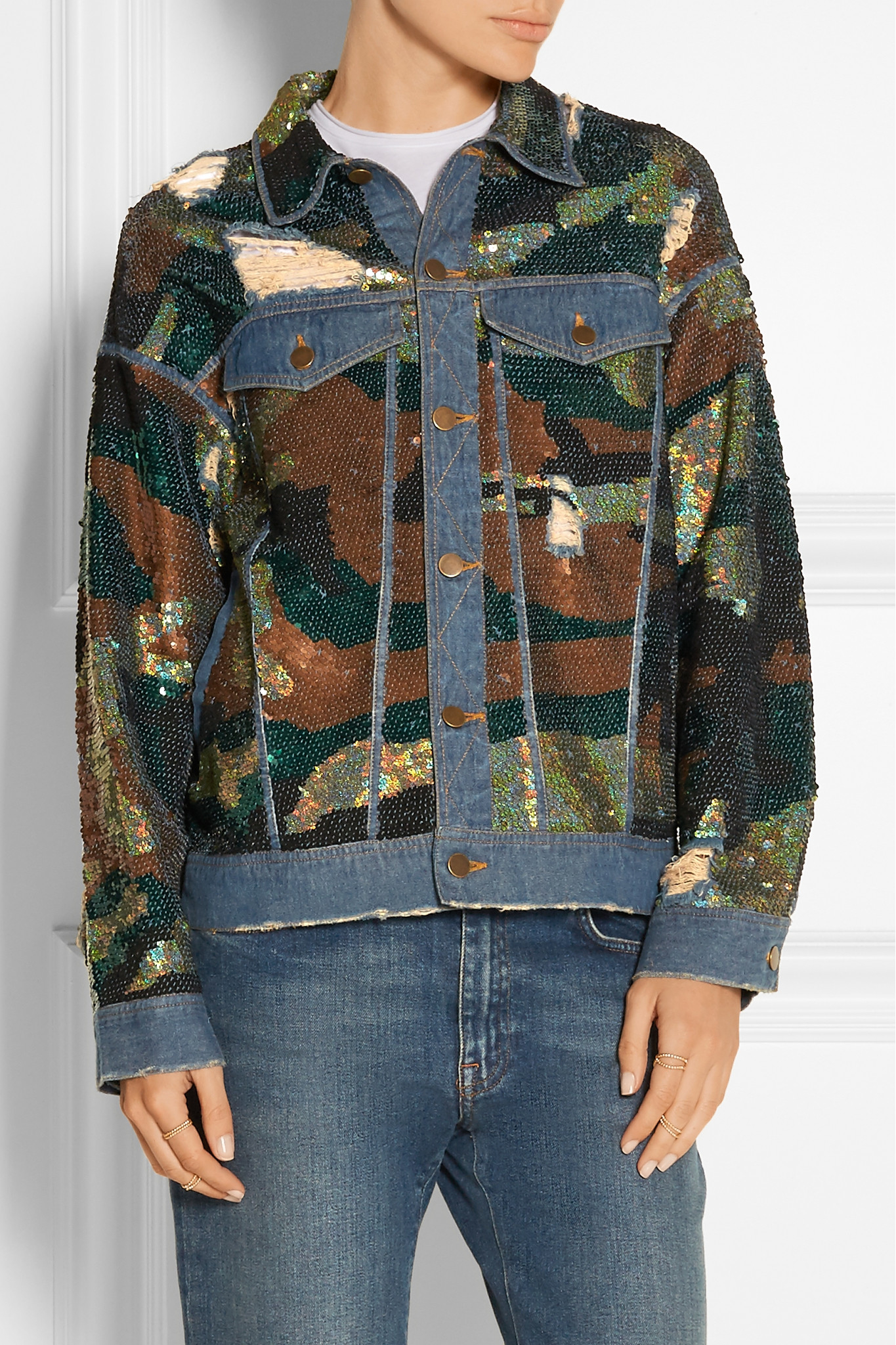 Ashish Sequin-embellished Distressed Denim Jacket in Army 