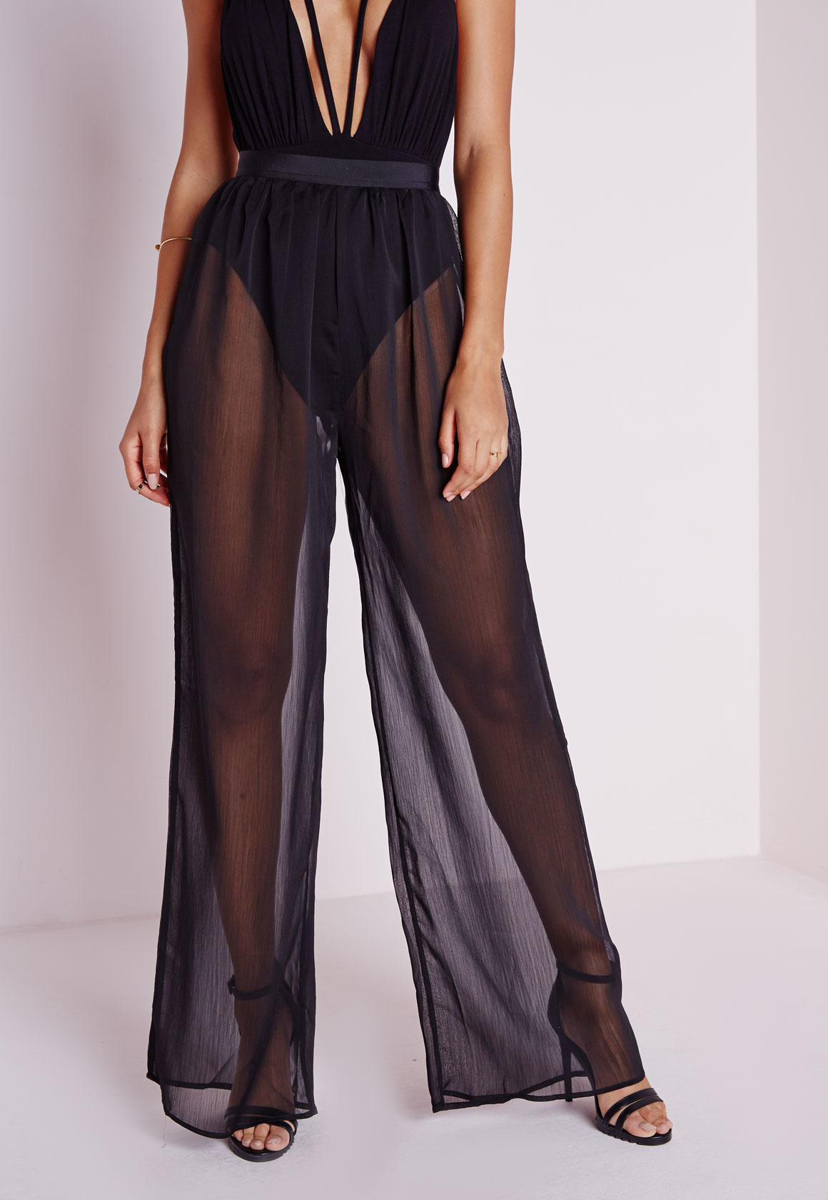 Lyst - Missguided Sheer Pleated Wide Leg Trousers Black in Black