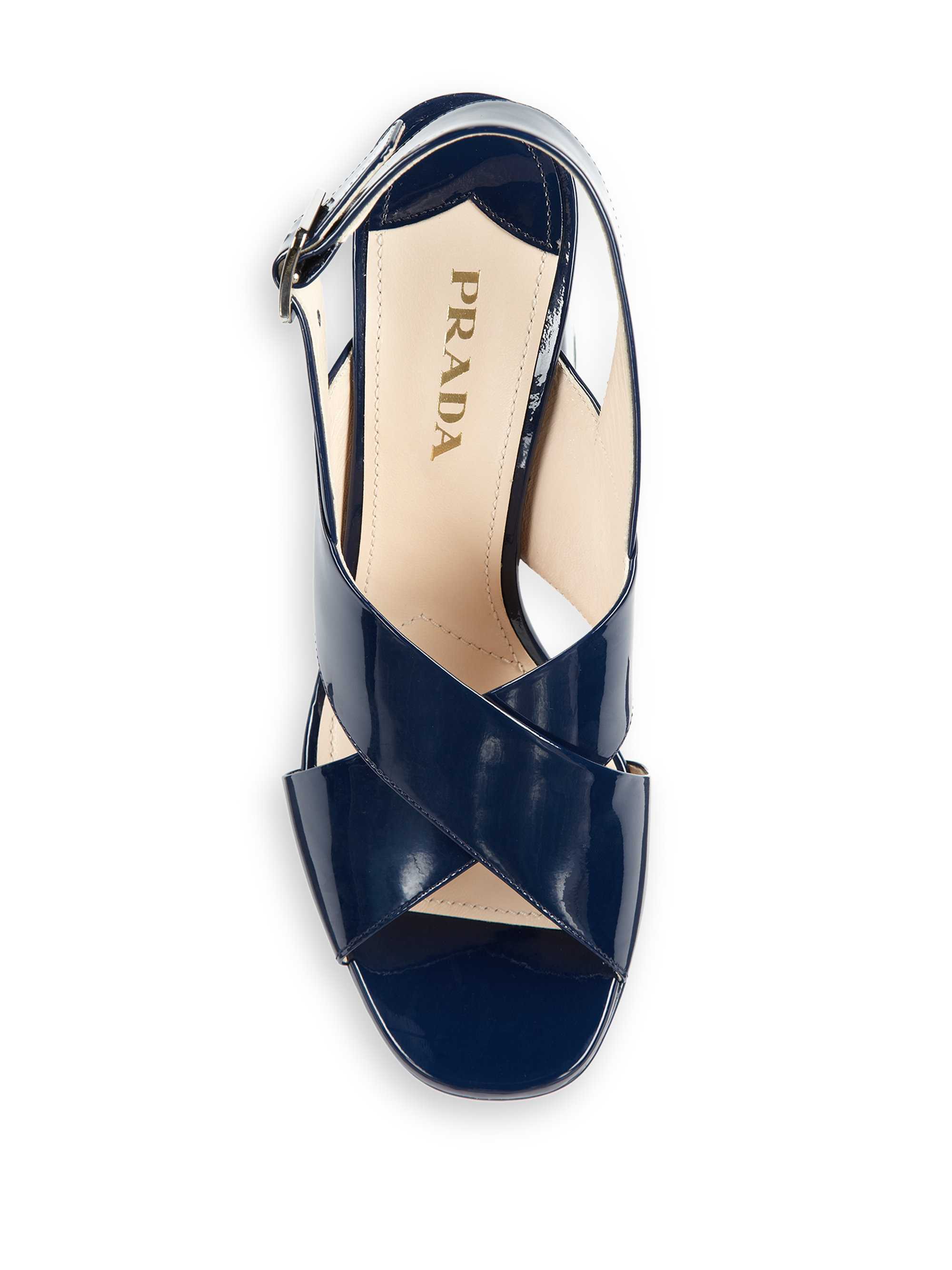 Prada Patent Leather Crisscross Block-heel Sandals in Blue (royal ...