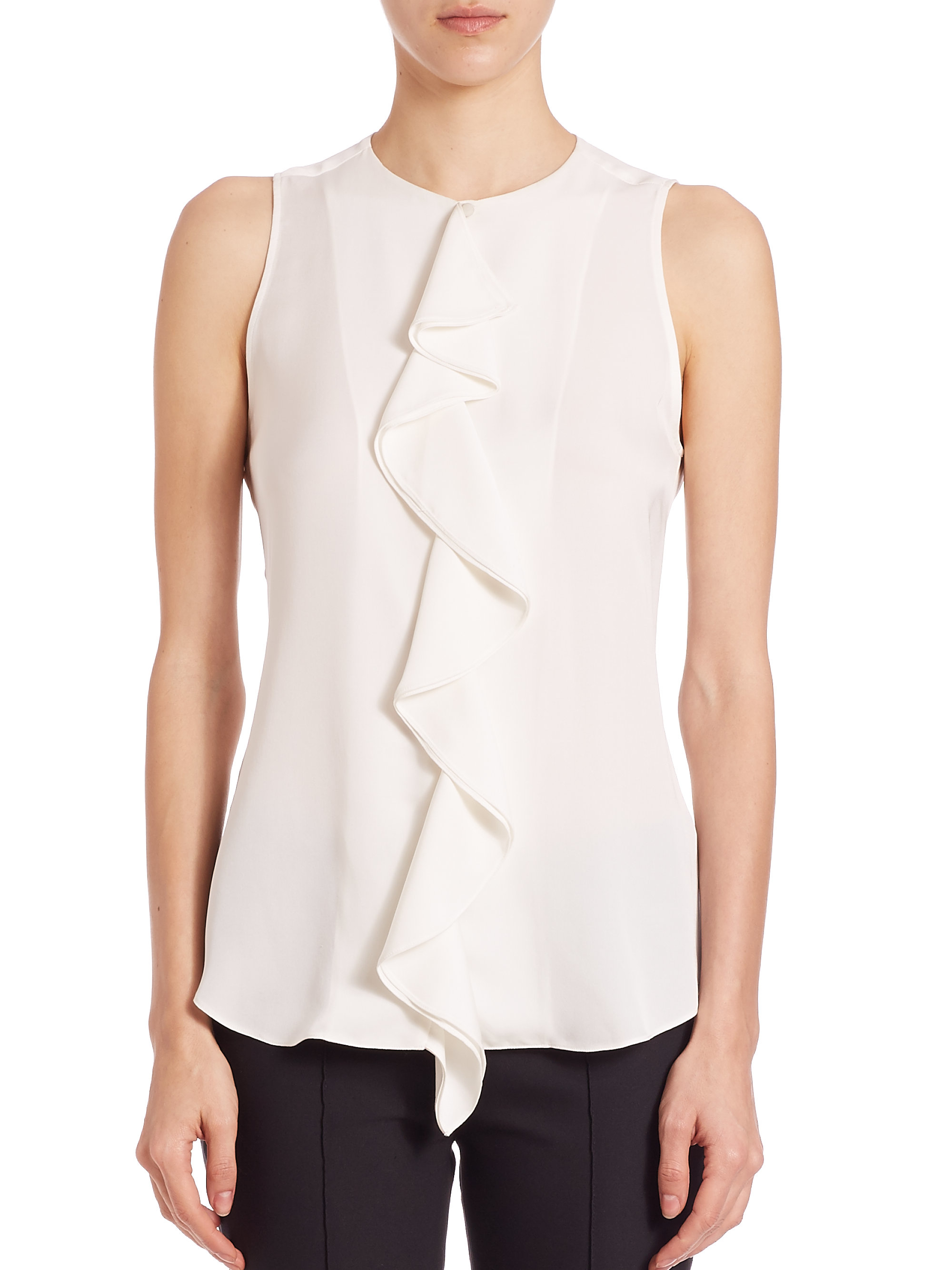 Theory Jastrid Silk Ruffle Blouse in White | Lyst