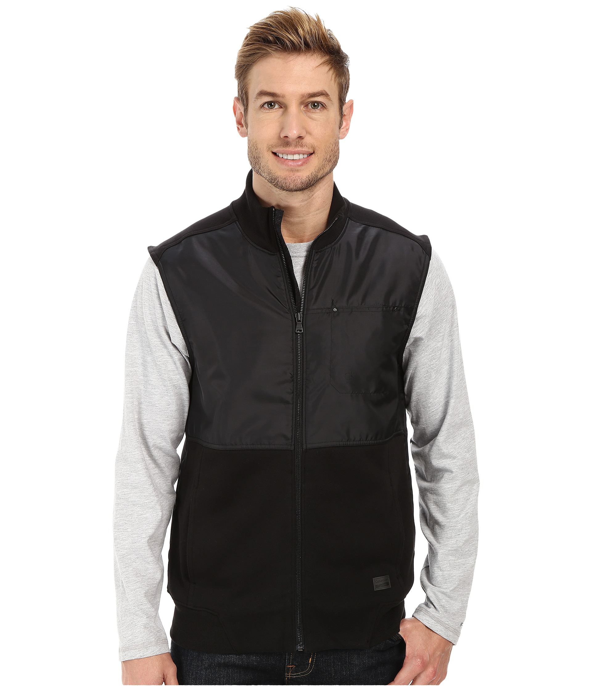 Calvin Klein Jeans Mens Fleece Vest with Nylon Black 050000 - Coats & Outerwear Calvin Klein Jeans Mens Fleece Vest with Nylon Black 050000 - Coats & Outerwear