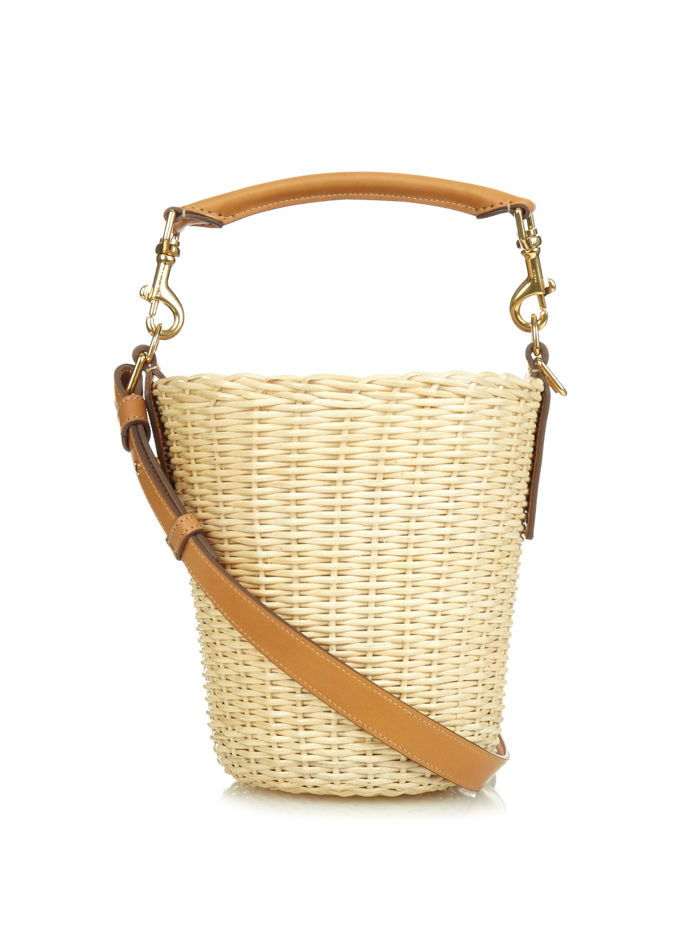 Saint laurent Leather And Raffia Bucket Bag in Natural | Lyst