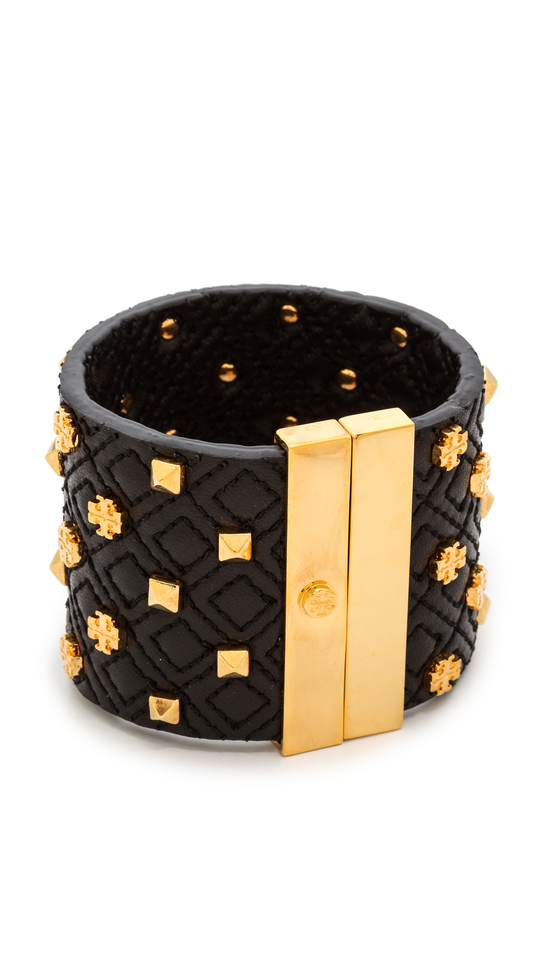 Lyst - Tory Burch Logo Quilted Leather Bracelet - Black/Shiny Brass in ...