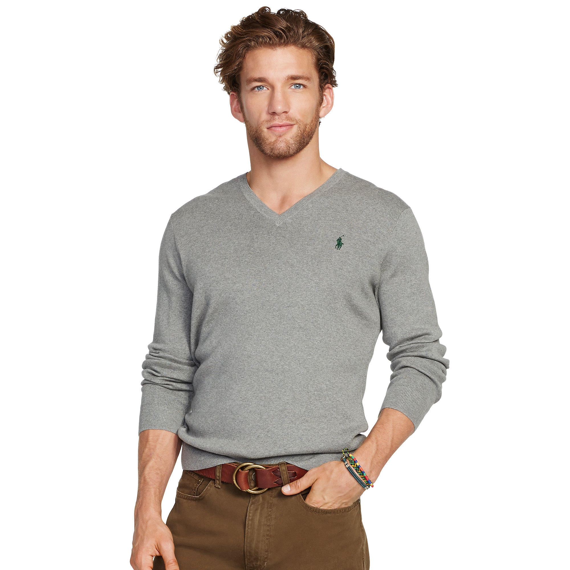 Polo ralph lauren Pima Cotton V-neck Sweater in Gray for Men | Lyst