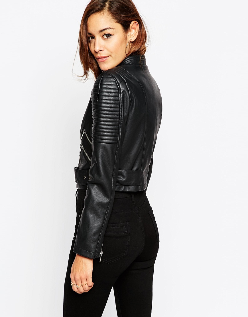 Lyst Asos Leather Look Cropped Biker Jacket With Buckle Detail In Gallery Women S Cropped Leather Jackets