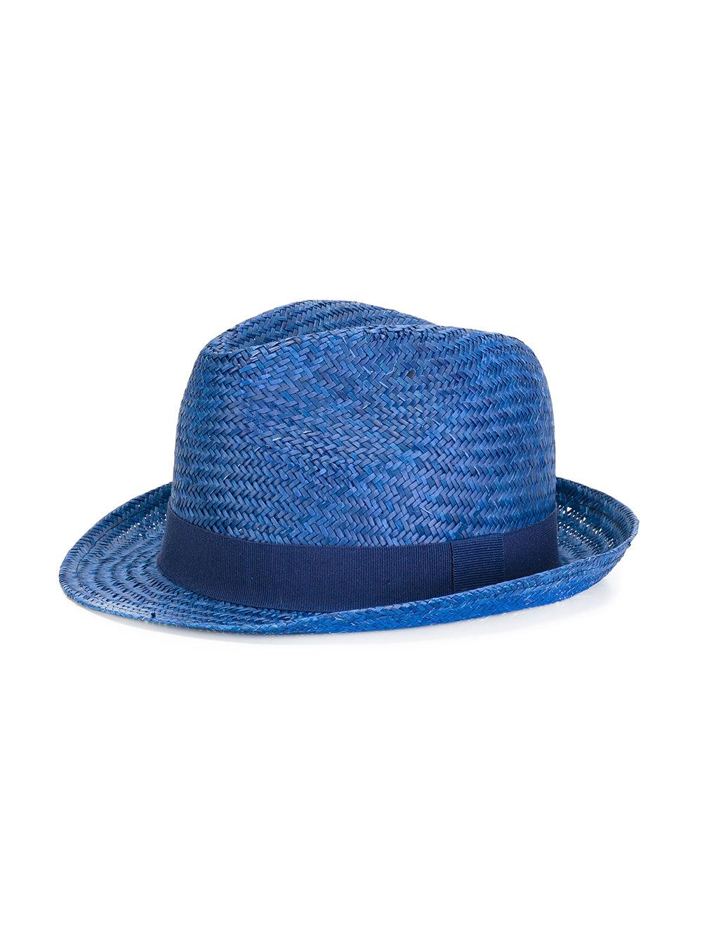 a blue straw hat