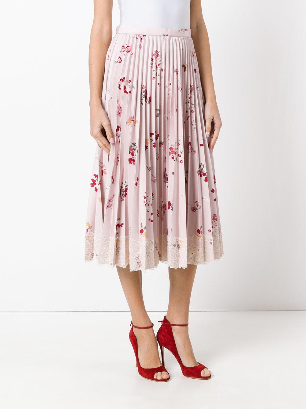 RED Valentino Floral Print Pleated Skirt With Lace Fringe in Pink - Lyst