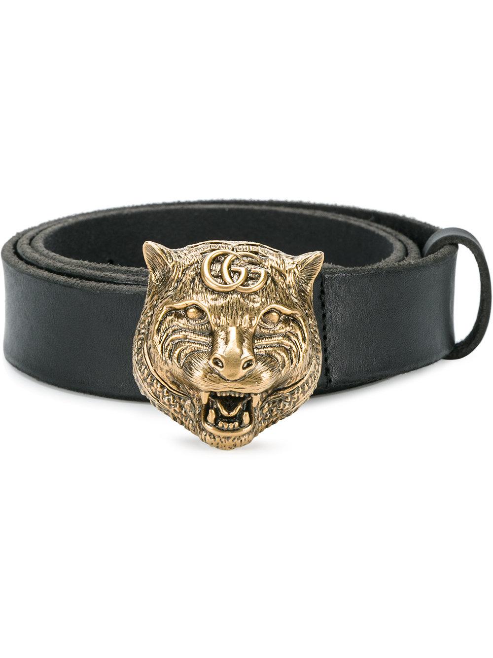 Gucci Leather Tiger Buckle Belt in Black for Men - Lyst