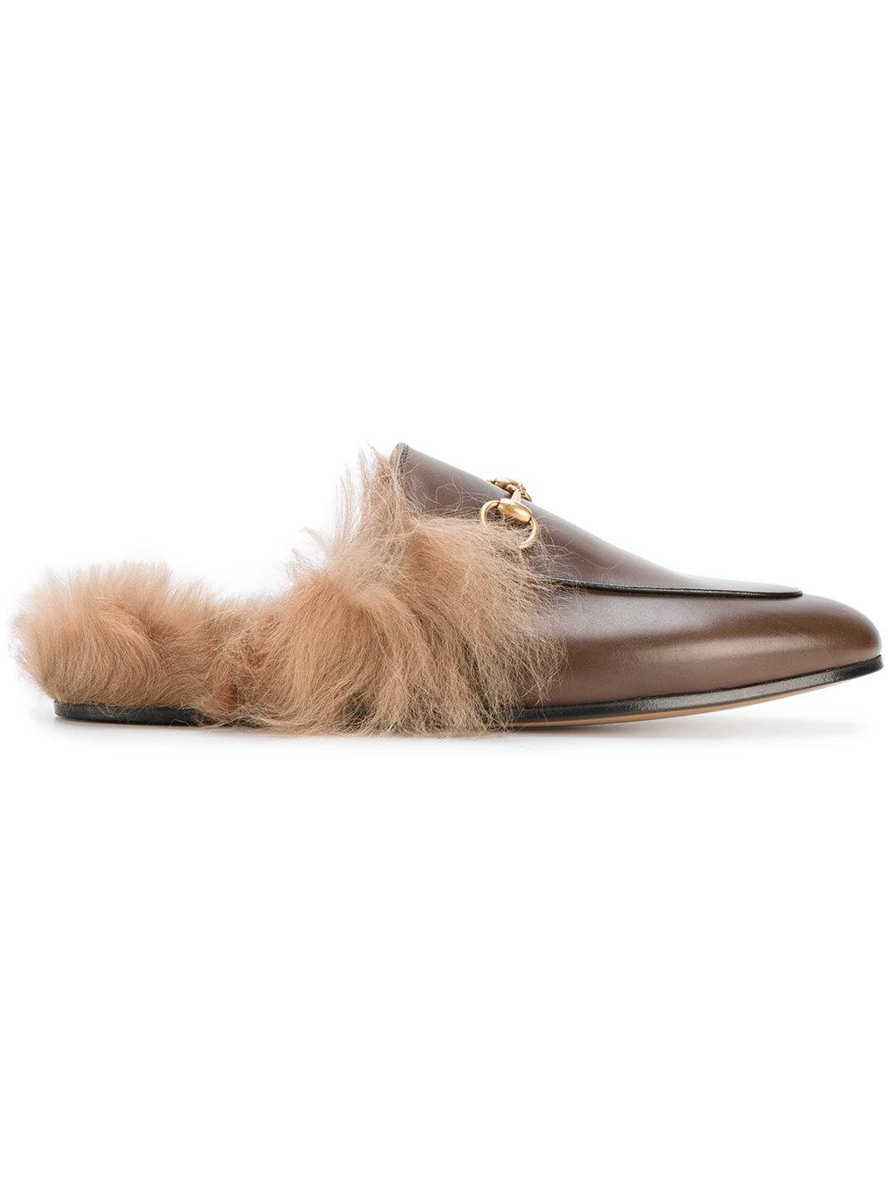 Gucci Princetown Fur-lined Mules in Brown | Lyst