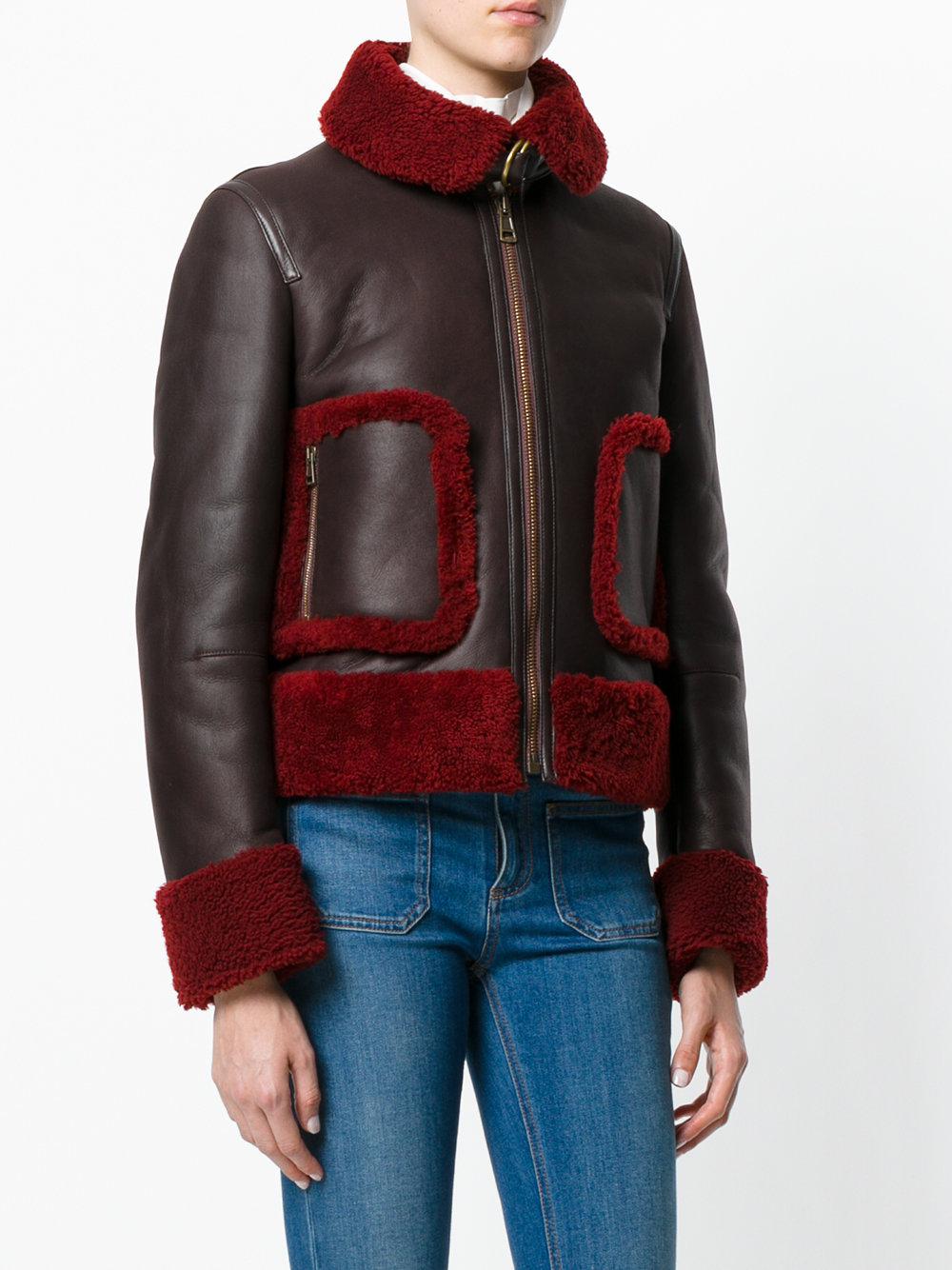 Lyst - Chloé Shearling Trim Leather Jacket in Brown