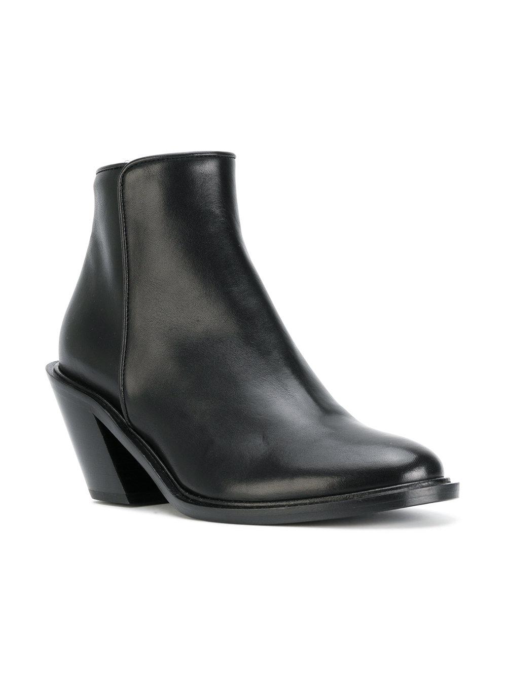 black pointed toe block heel ankle boots