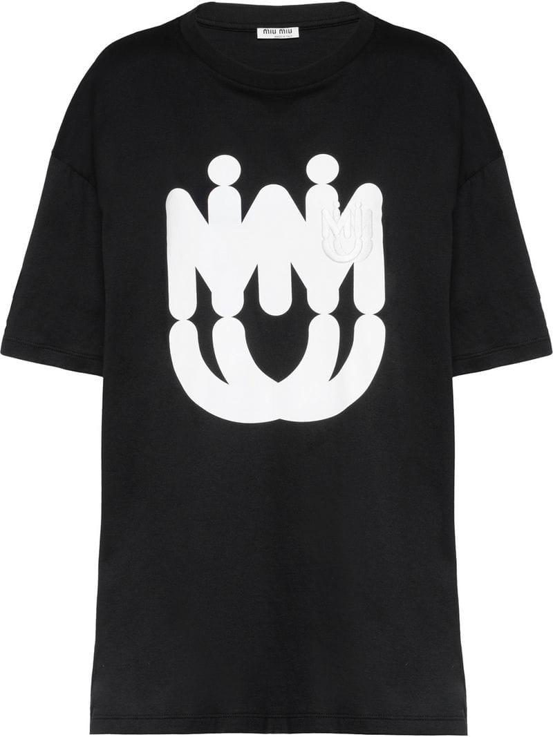 Miu Miu Logo Print Jersey T-shirt in Black - Lyst