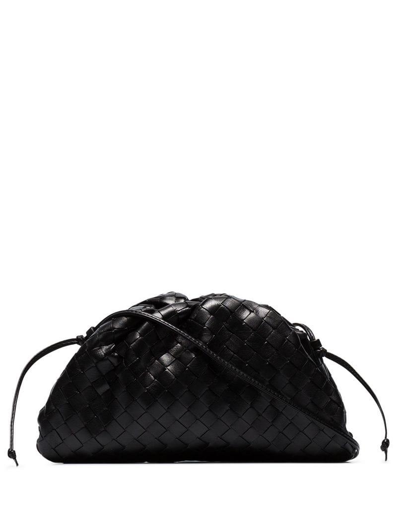 Lyst - Bottega Veneta Black Mini Drawstring Woven Leather Clutch Bag in ...