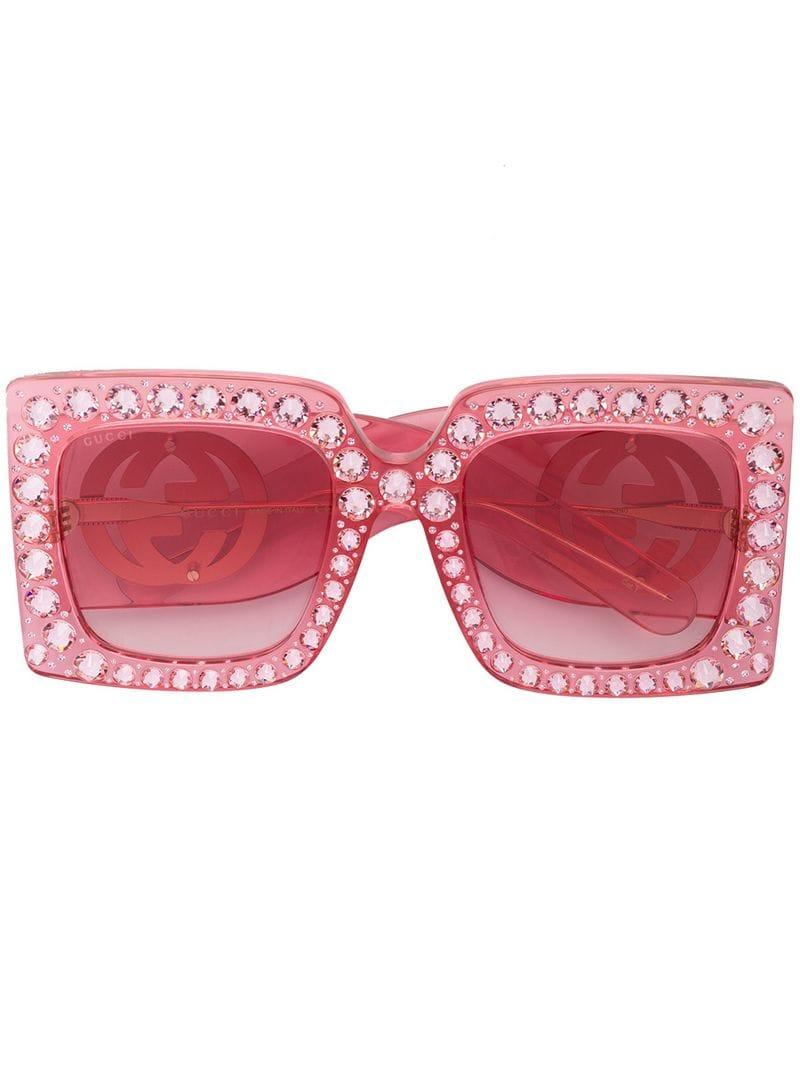 Gucci Hollywood Forever Crystal Embellished Oversized Sunglasses In Pink Save 5 Lyst