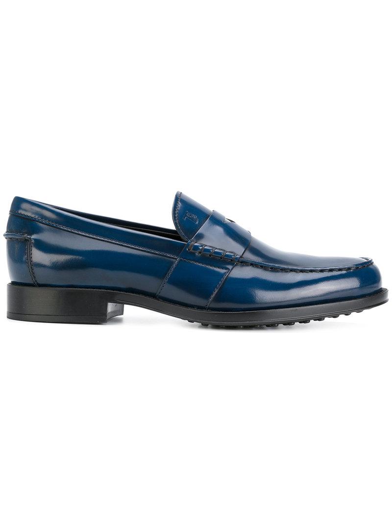 tods blue leather loafers
