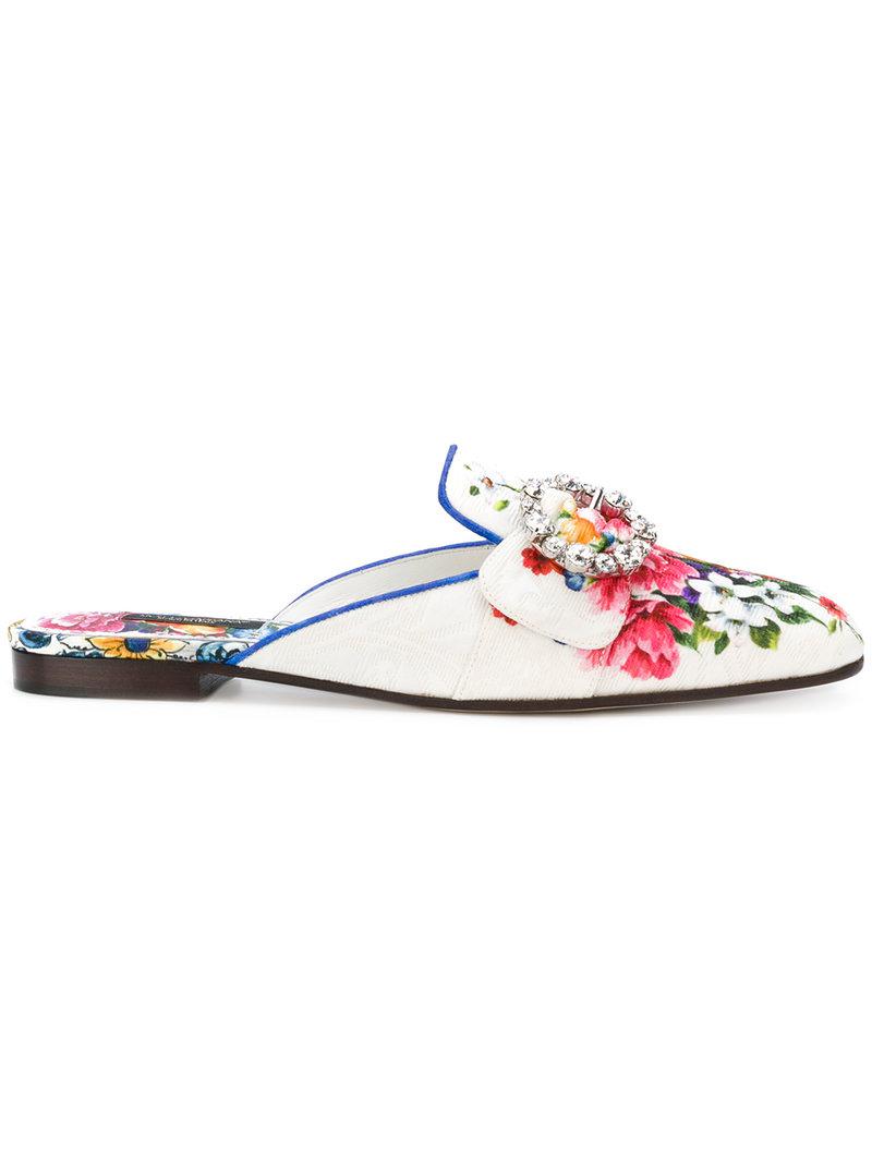 Lyst - Dolce & Gabbana Crystal Embellished Brocade Mules in White