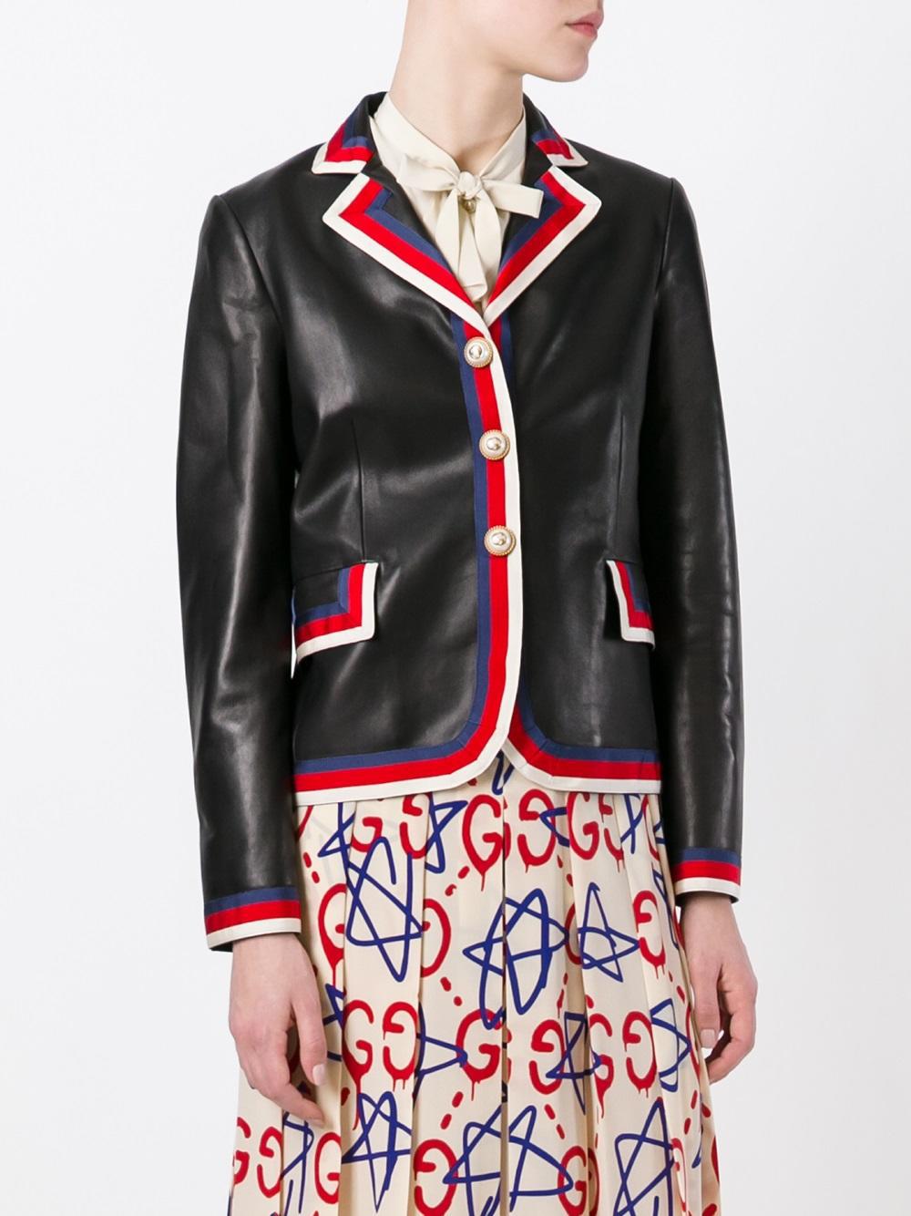 Lyst Gucci Sylvie Web Trim Leather Jacket In Black Gucci Black Sylvie Web Trim Leather Jacket Lyst View Fullscreen