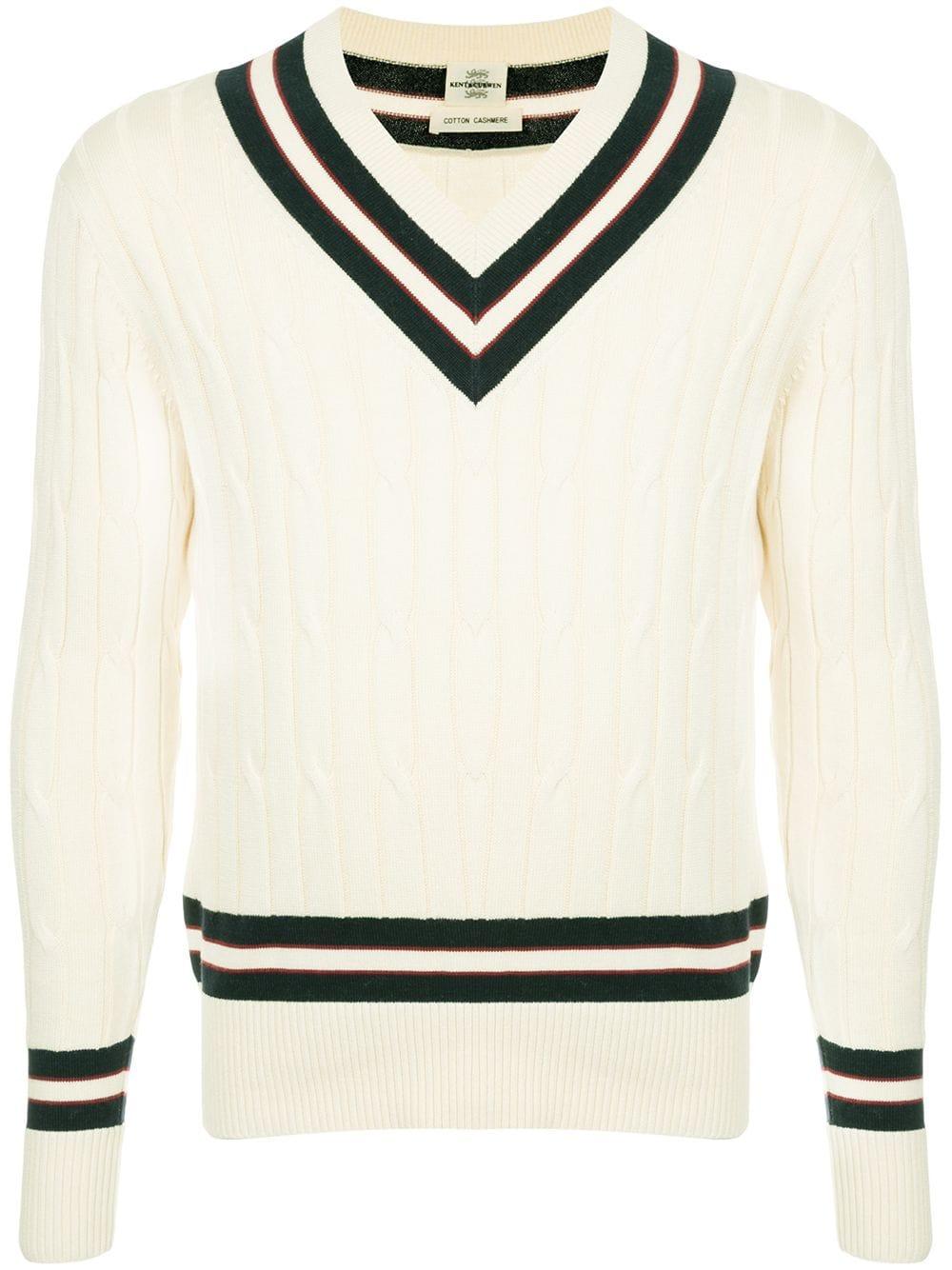 Kent & Curwen Cashmere Vneck Cable Knit Sweater in White for Men