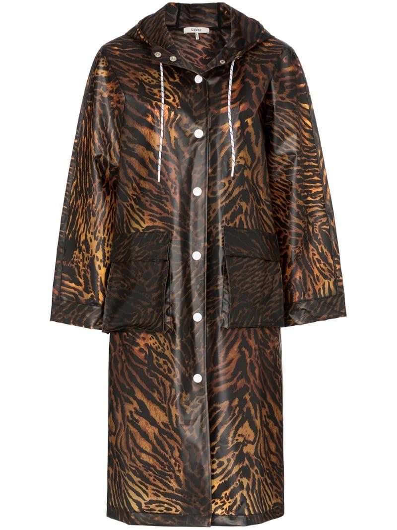Ganni Tiger Print Hooded Rain Coat in Brown Lyst