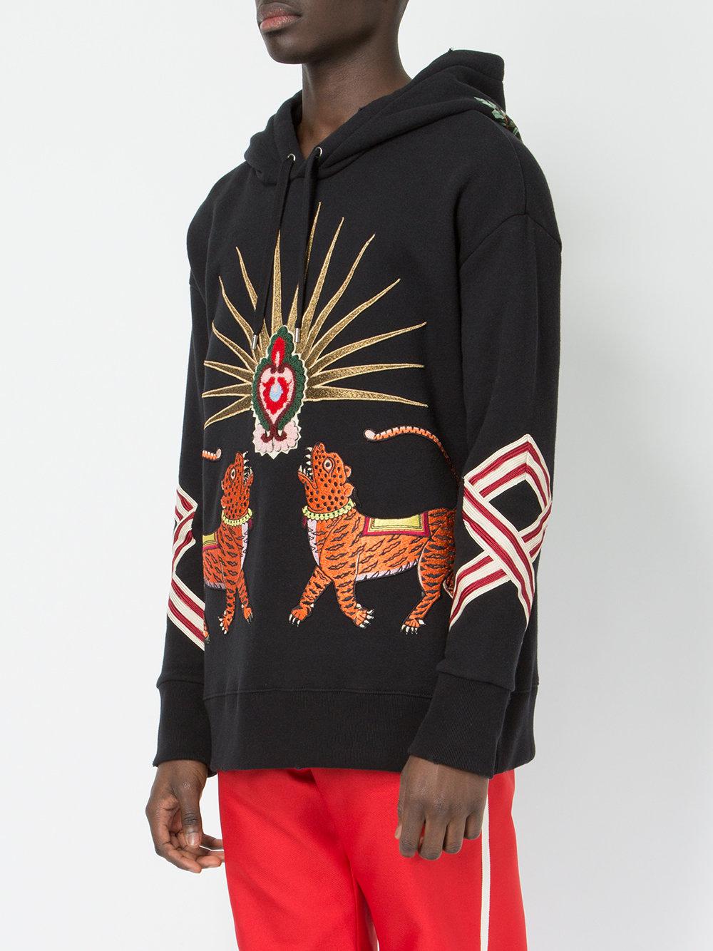 Gucci Tiger Embroidered Hooded Sweatshirt in Black for Men - Lyst