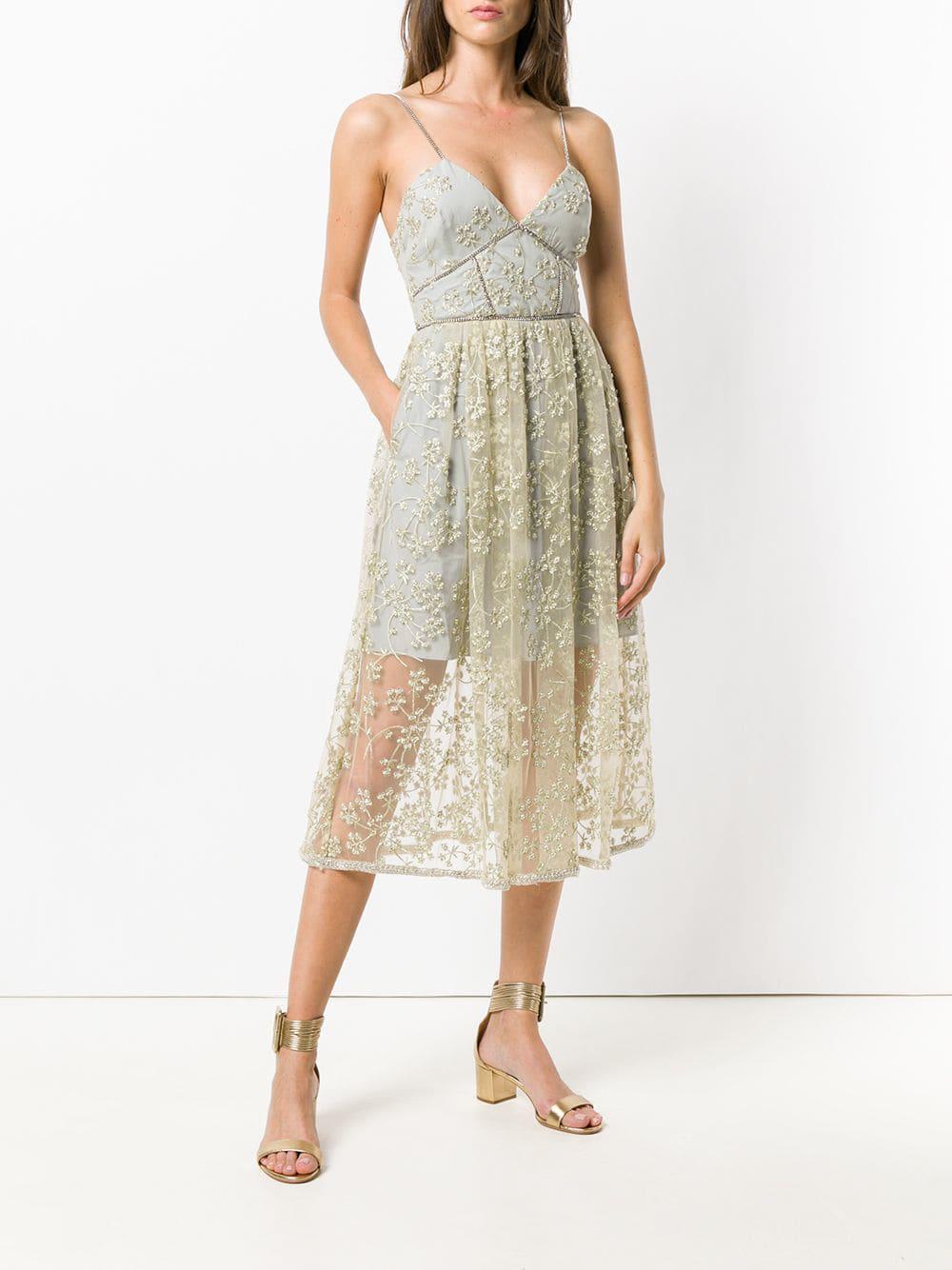 embroidered mesh midi dress