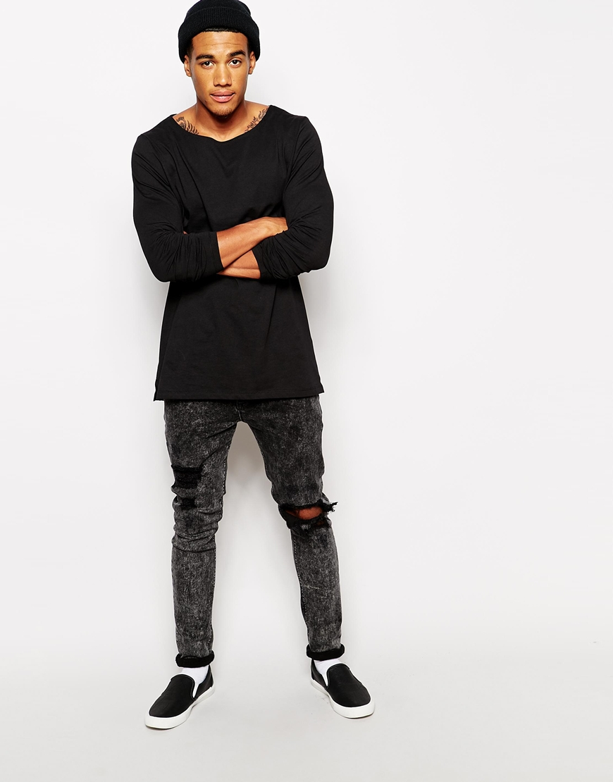 Lyst - Asos Long Sleeve T-Shirt With Boat Neck In Longline in Black for Men