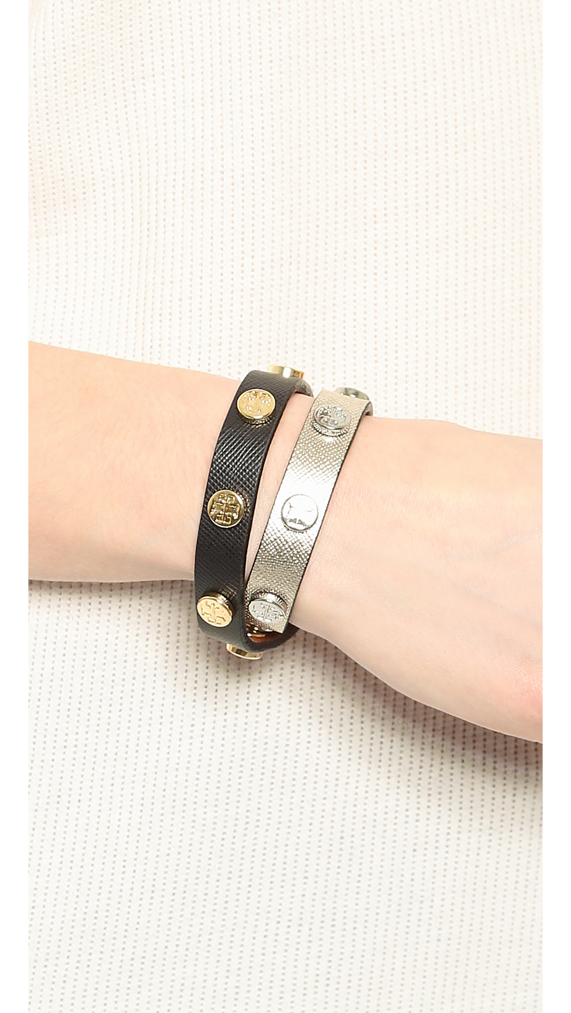 Lyst Tory Burch Double Wrap Logo Stud Bracelet Black Shiny Gold Gallery