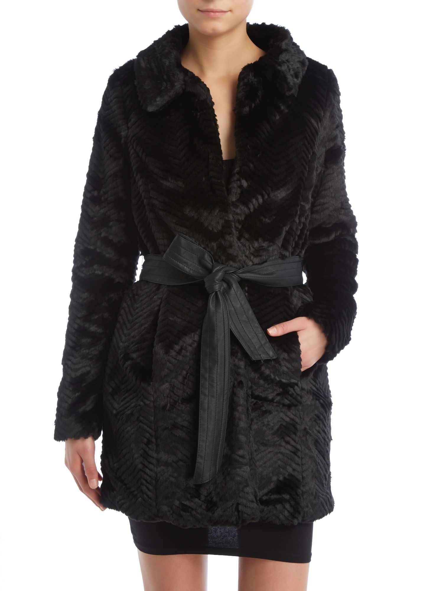 Belted faux fur coat