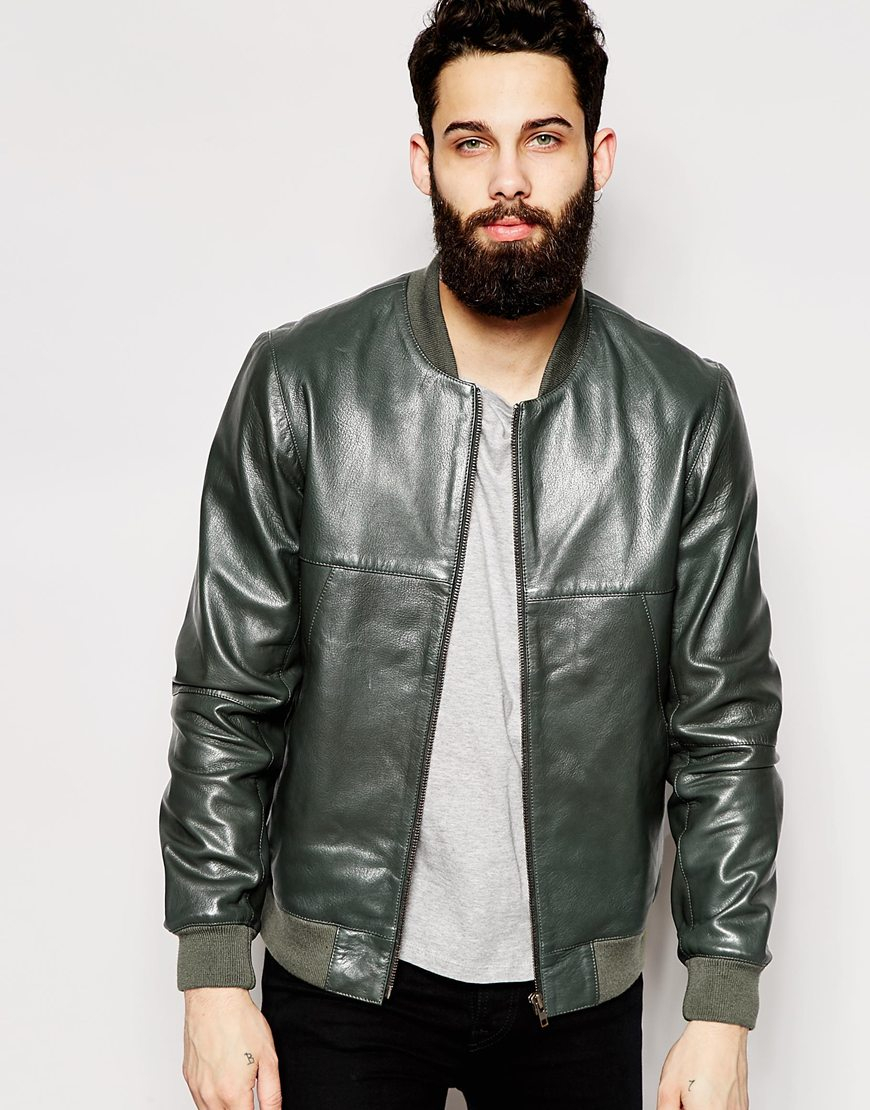 Lyst Asos Leather Bomber Jacket In Green For Men 