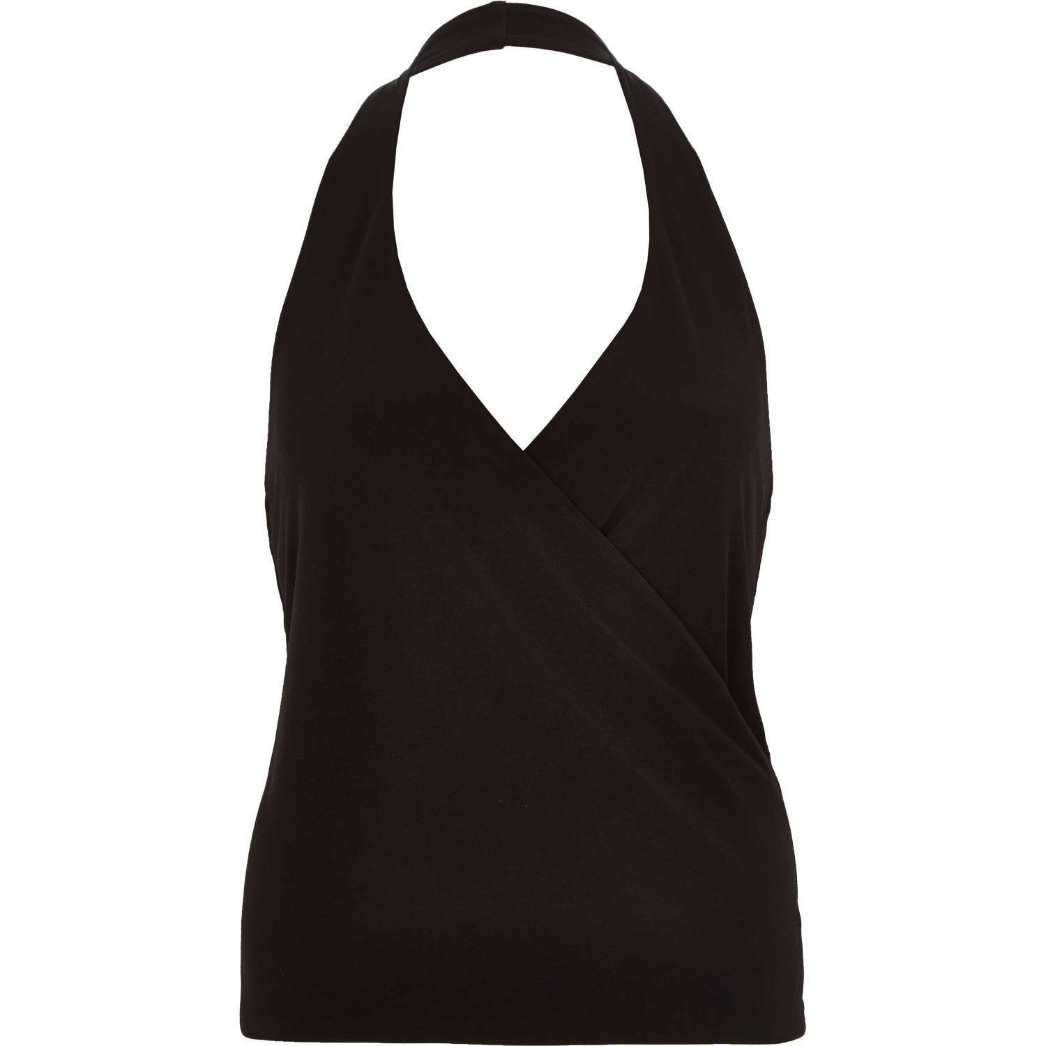 River island Black Plunge Wrap Front Halter Neck Top in Black | Lyst