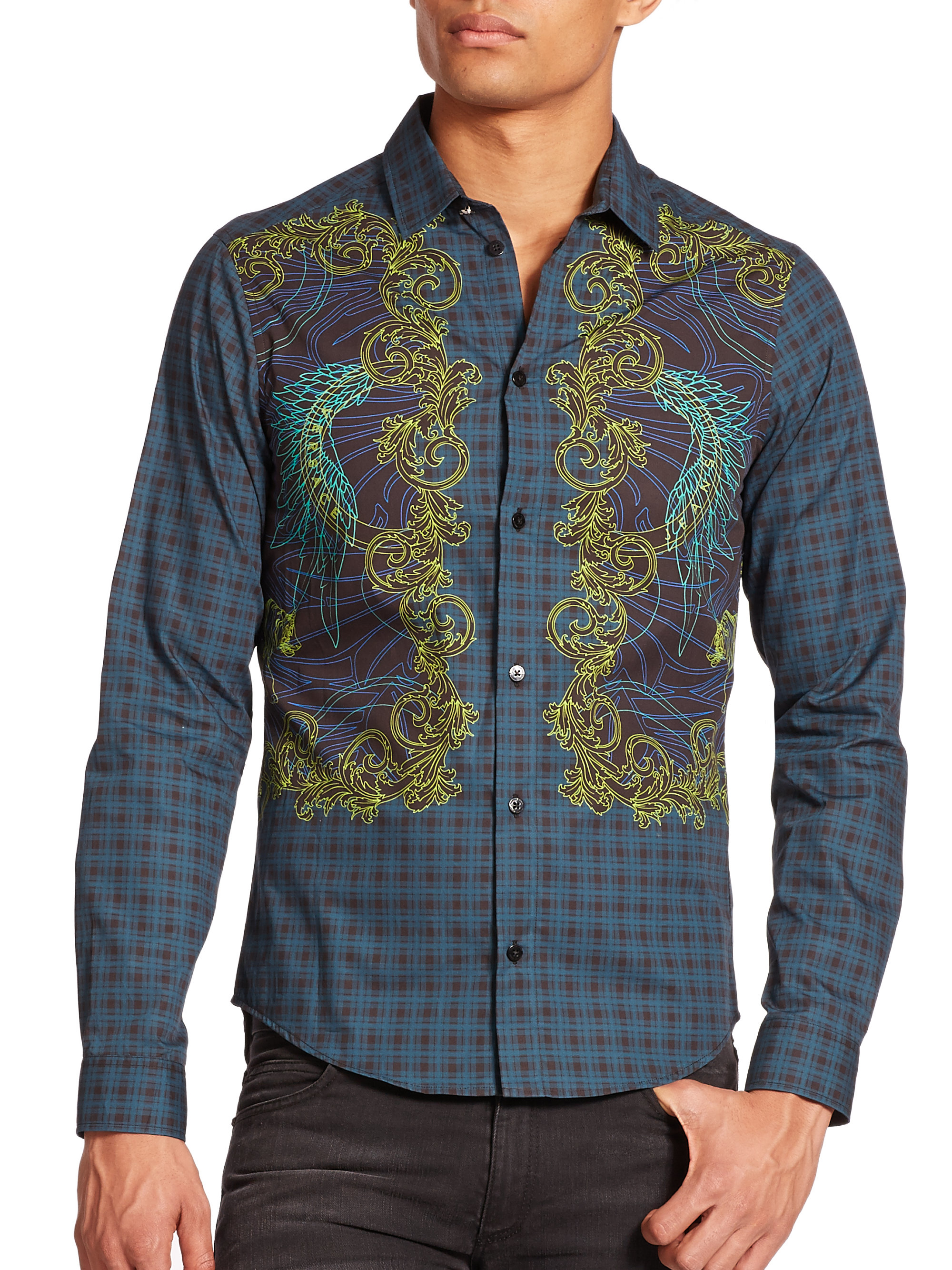 Lyst - Versace Jeans Baroque-print Gingham Sportshirt in Blue for Men