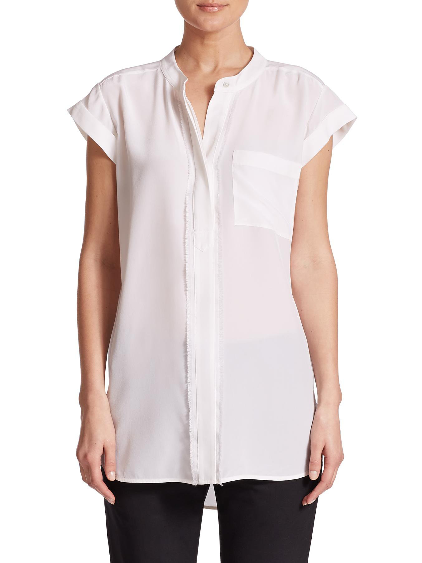 celebrity wearing white overlay blouse vince