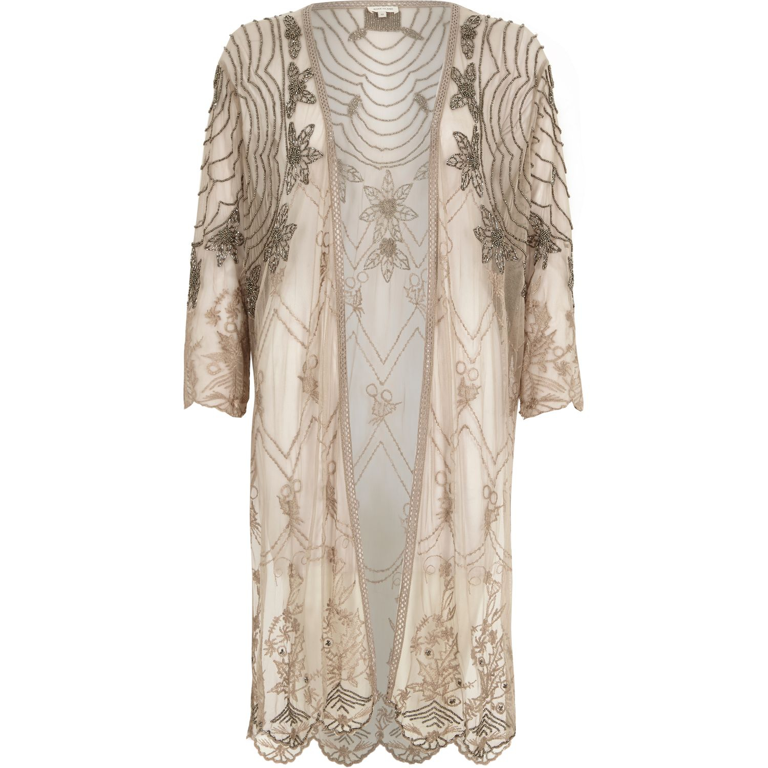 River Island Beige Longline Embellished Kimono in Cream (Gray) - Lyst