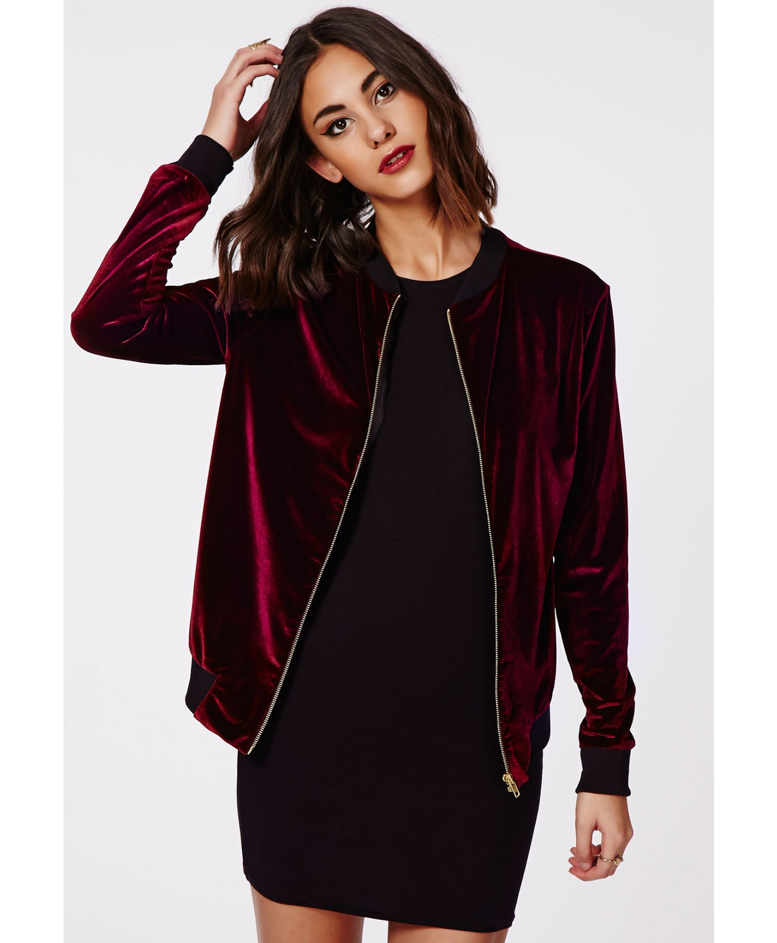 Lyst - Missguided Abiline Velvet Bomber Jacket Burgundy in ...