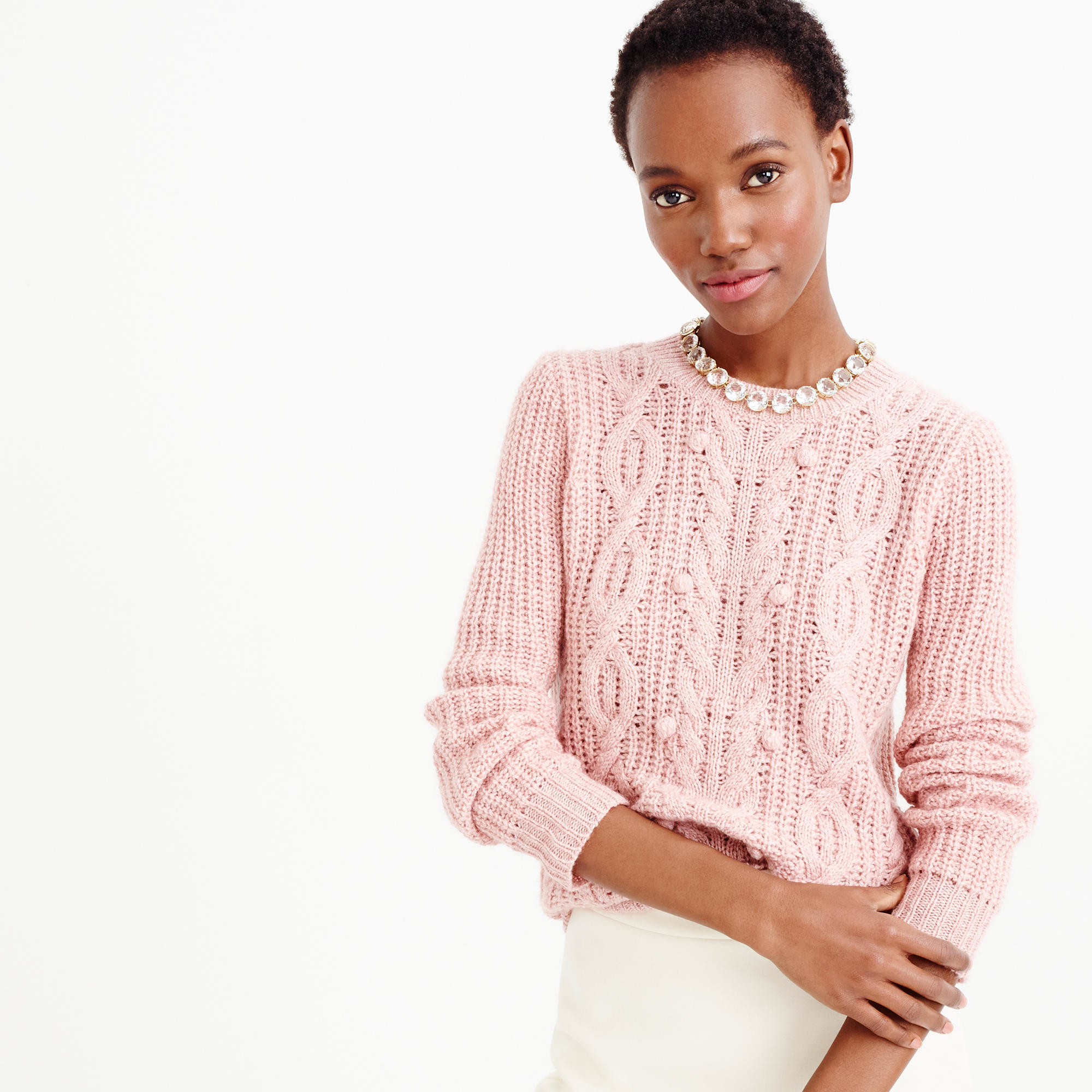 J.crew Collection Cashmere Cable Sweater With Pompoms in Pink Lyst