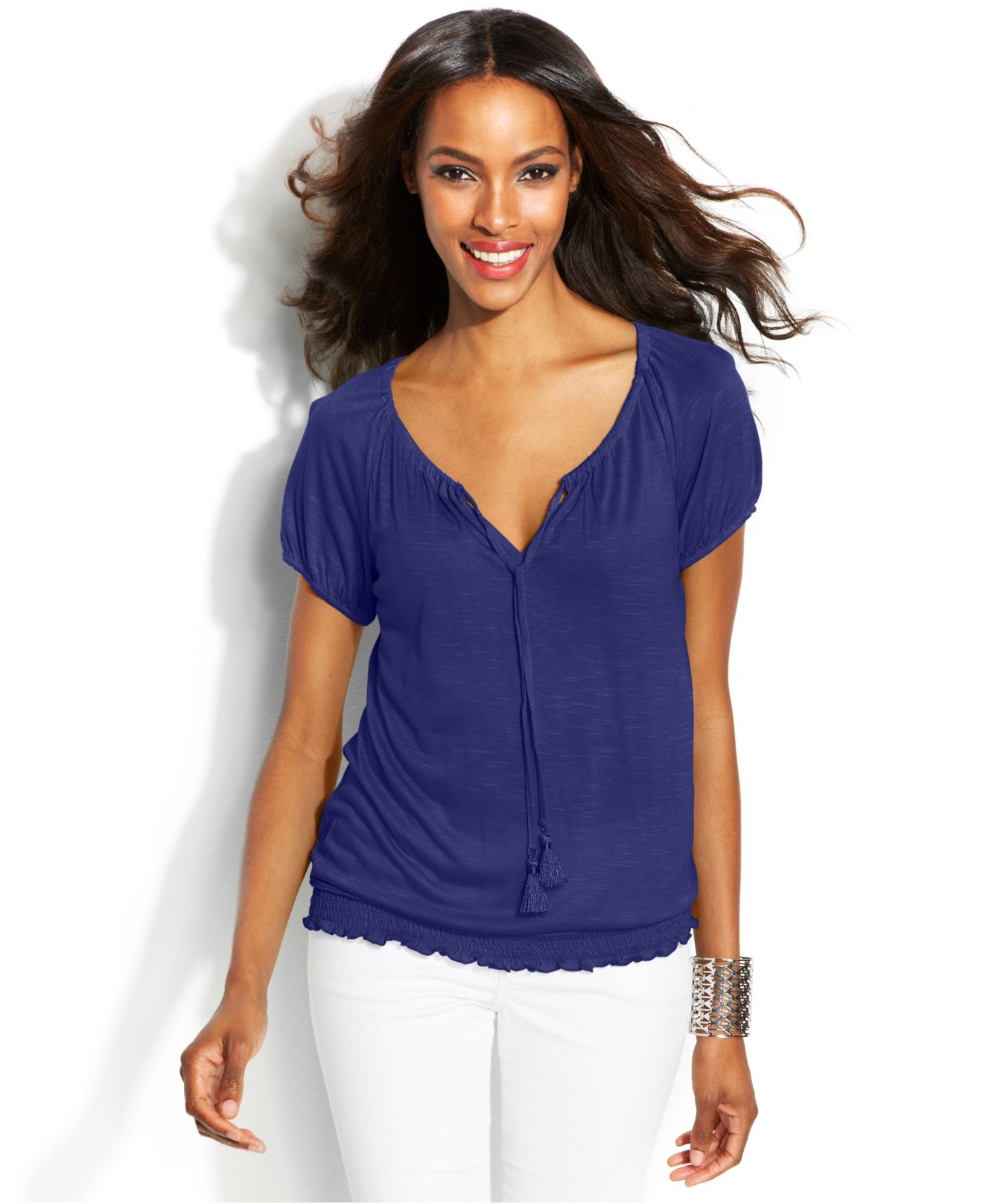 Inc international concepts ShortSleeve Peasant Top in Blue Lyst