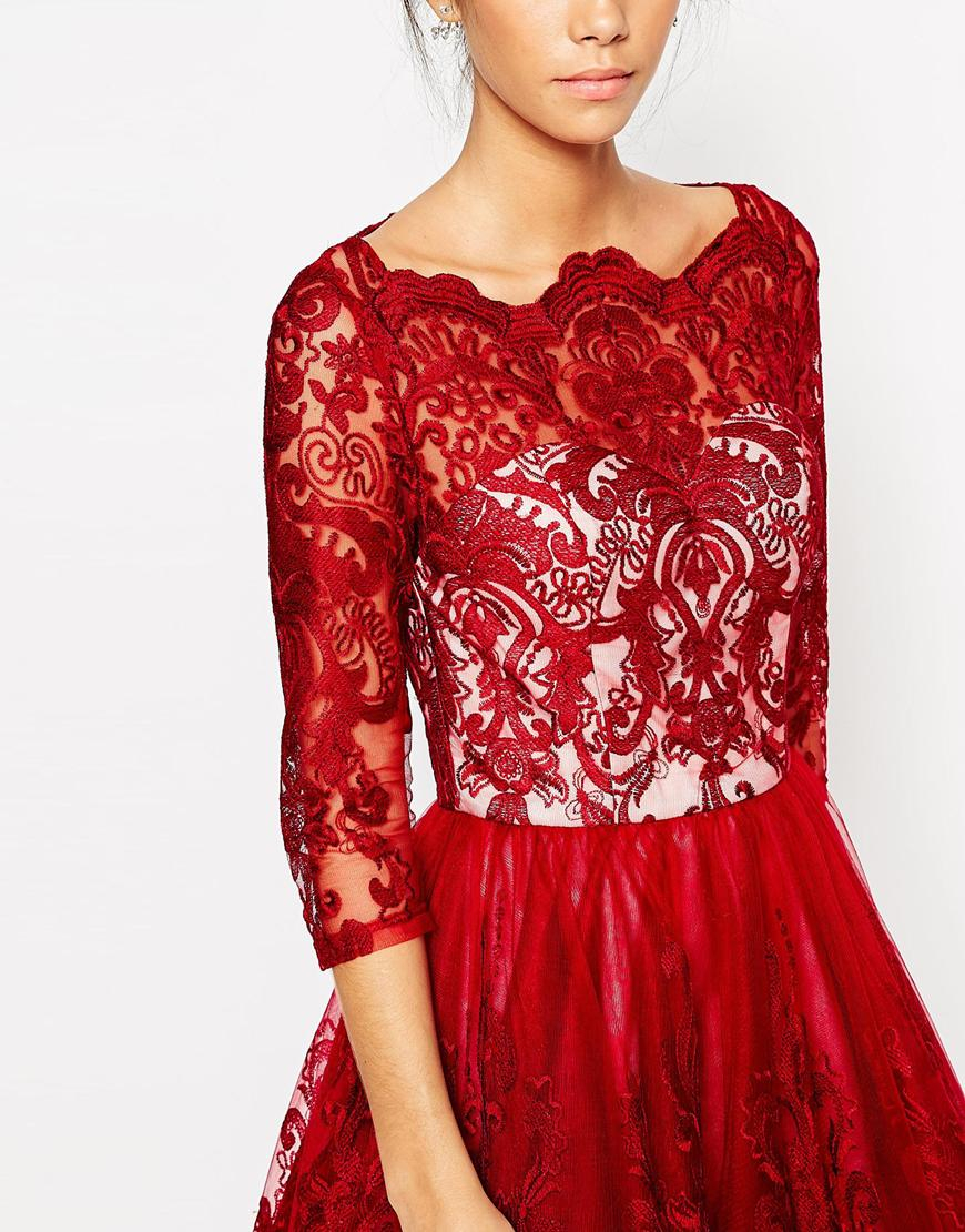 Chi Chi London Premium Lace Midi Prom Dress With Bardot Neck And 34 Sleeve In Red Lyst 0358